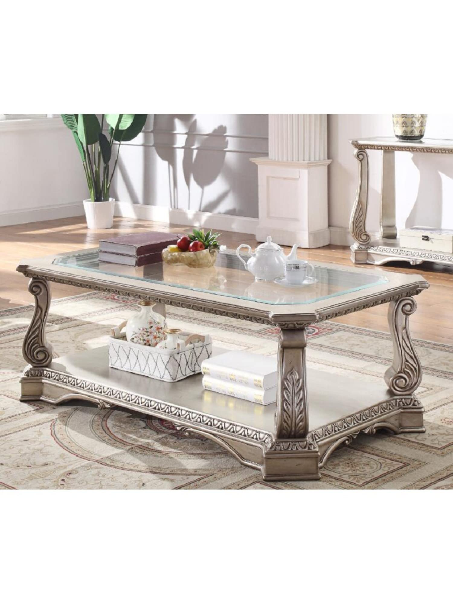 Lazyspace Northville Coffee Table - Antique Silver & Clear Glass Modern Living Room Furniture - Perfect for Small Spaces, Apartments, and Cozy Home Decor