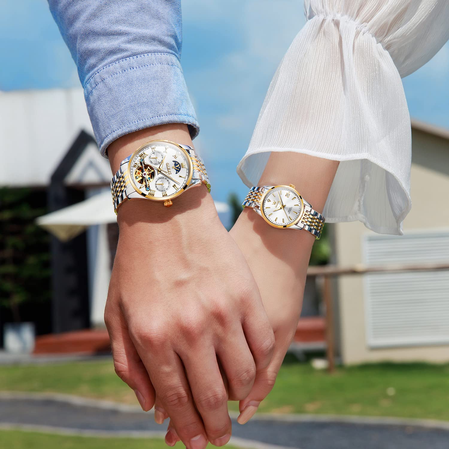 OLEVS Automatic Mechanical Self-Winding Couple Watches Set - Matching His & Hers Dress Watches for Anniversary, Wedding & Valentine's Day Gifts - Perfect for Formal Events, Date Nights & Special Occasions