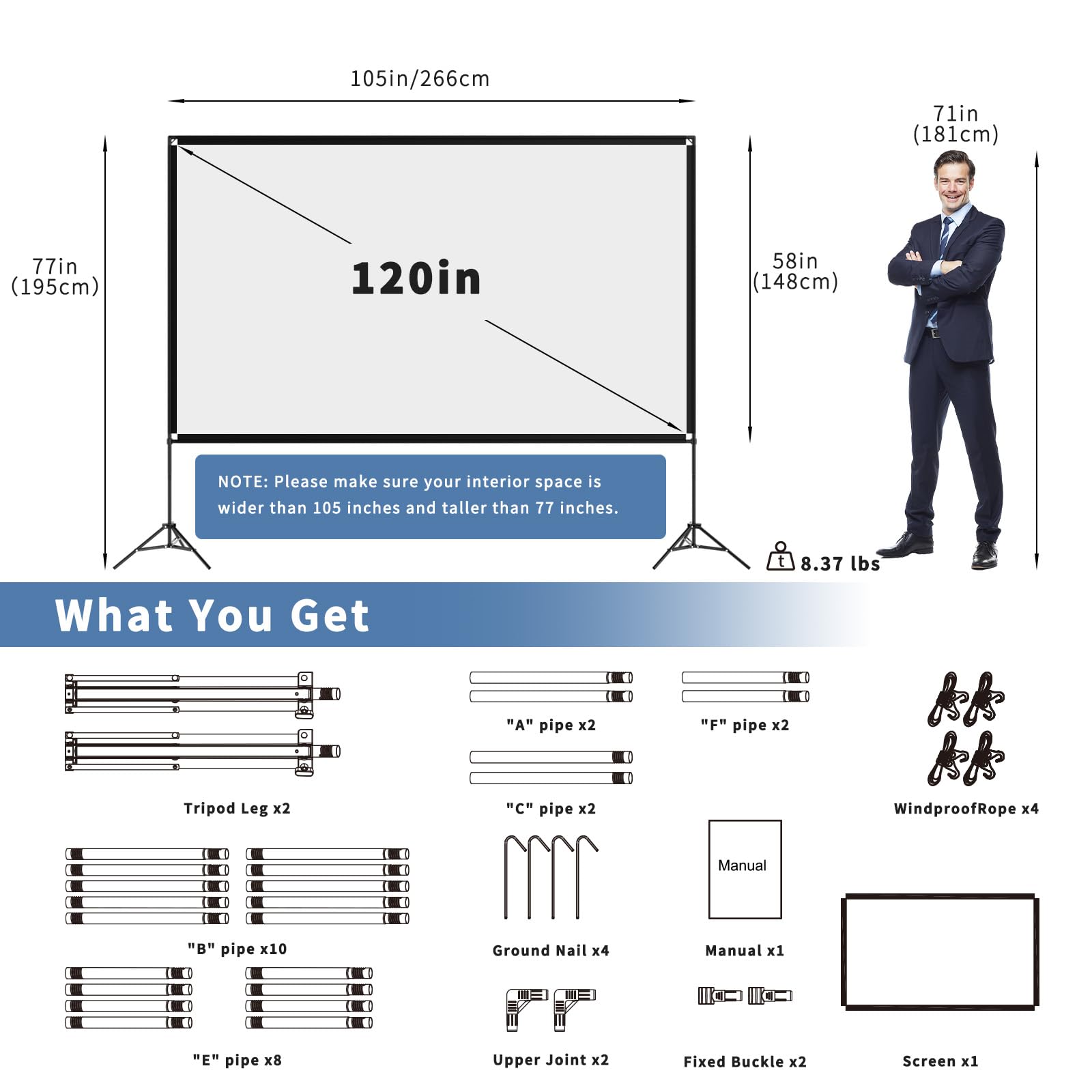120 Inch 4K HD Portable Projector Screen with Stand - 16:9 Foldable Wrinkle-Free Indoor/Outdoor Movie Screen for Home Theater, Backyard, Camping & Parties - Includes Carry Bag for Easy Transport (Front & Rear Projection, 160° Viewing Angle)