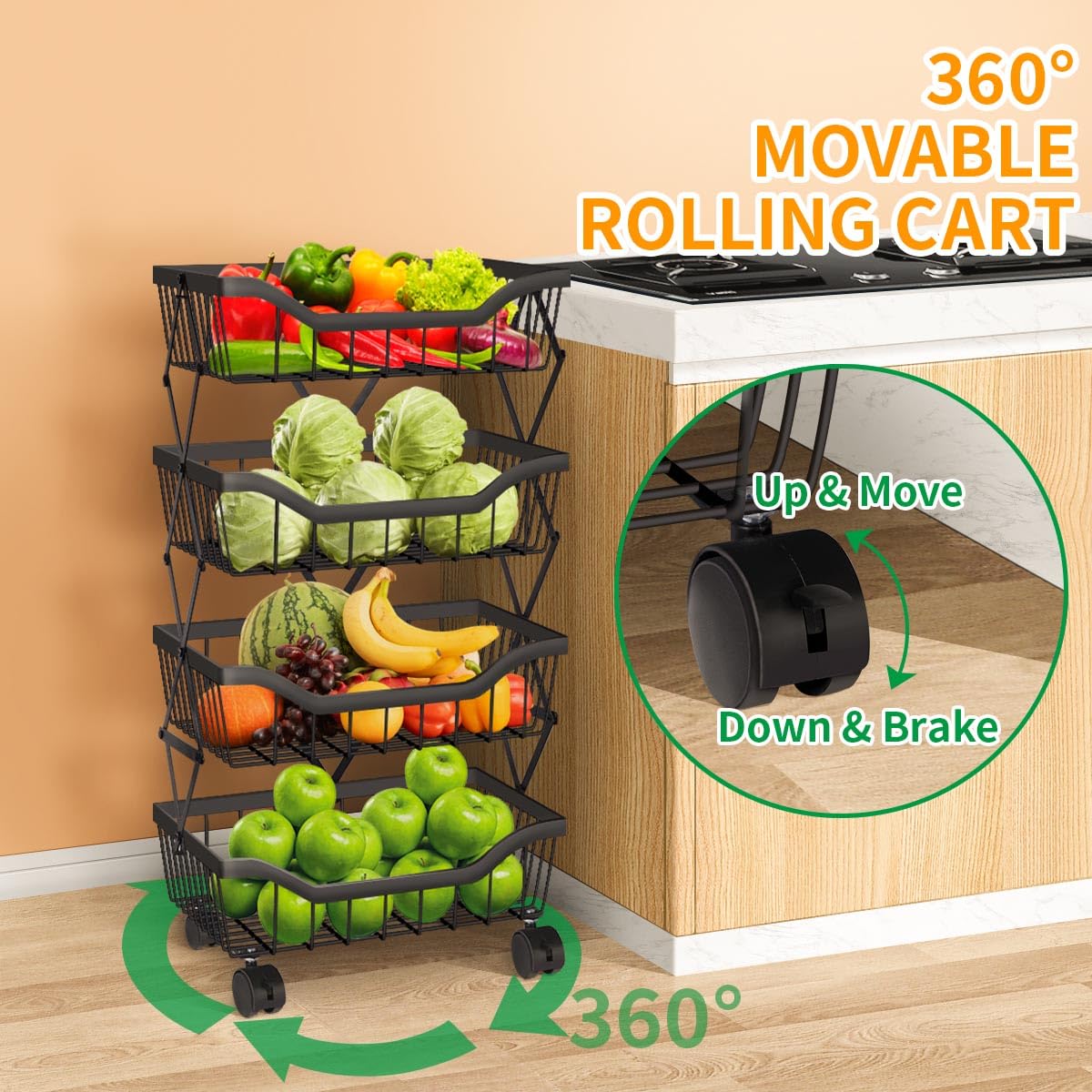 4-Tier Stackable Metal Wire Fruit & Vegetable Storage Basket with Wheels - Kitchen, Living Room, Dining Room, Office Organizer Cart (Black) | Perfect for Fresh Produce Display & Space-Saving Storage