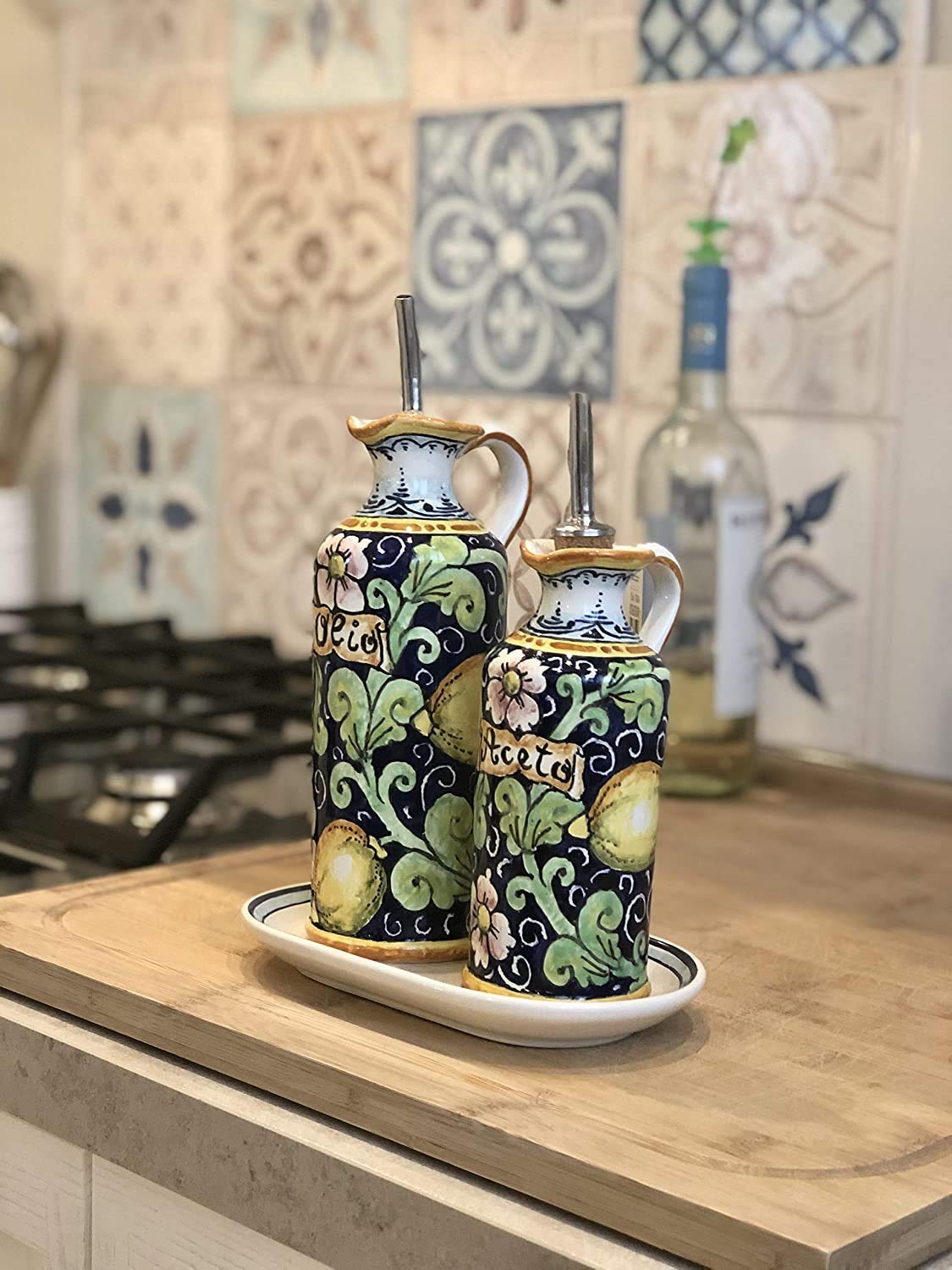 Italian Hand Painted Tuscan Ceramic Oil Cruet & Vinegar Bottle Set - Artisanal Lemon Decor Pottery from Italy | Perfect for Kitchen Decor, Olive Oil Dispenser & Gourmet Dining