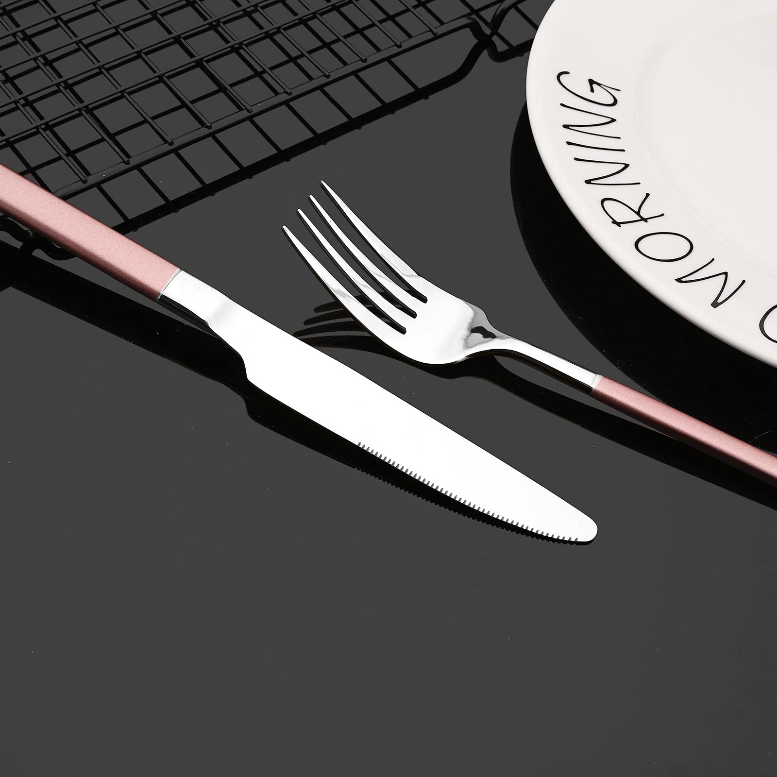 JASHII 20-Piece Stainless Steel Flatware Set - 18/10 Silverware Service for 4 with Dinner Forks, Spoons & Knives - Square Edge Mirror Polished Cutlery Set (Dishwasher Safe, Pink Silver) - Perfect for Dining, Wedding Gifts & Home Kitchen Essentials