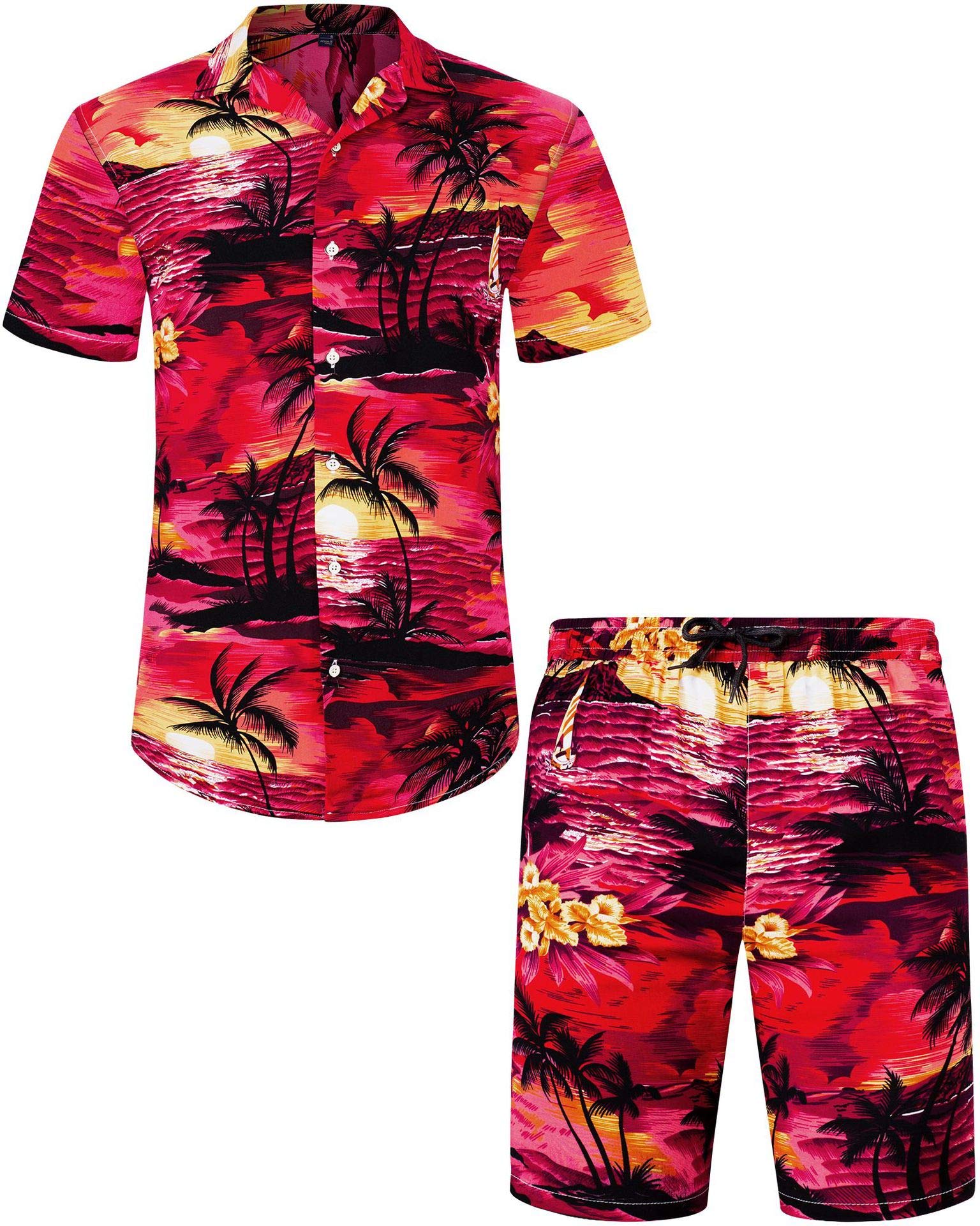 J.VER Men's Hawaiian Shirt & Shorts Set - Tropical Print Short Sleeve Button Down Shirt with Matching Swim Trunks - Perfect for Beach Vacation, Summer Party and Hawaiian Luau Outfits