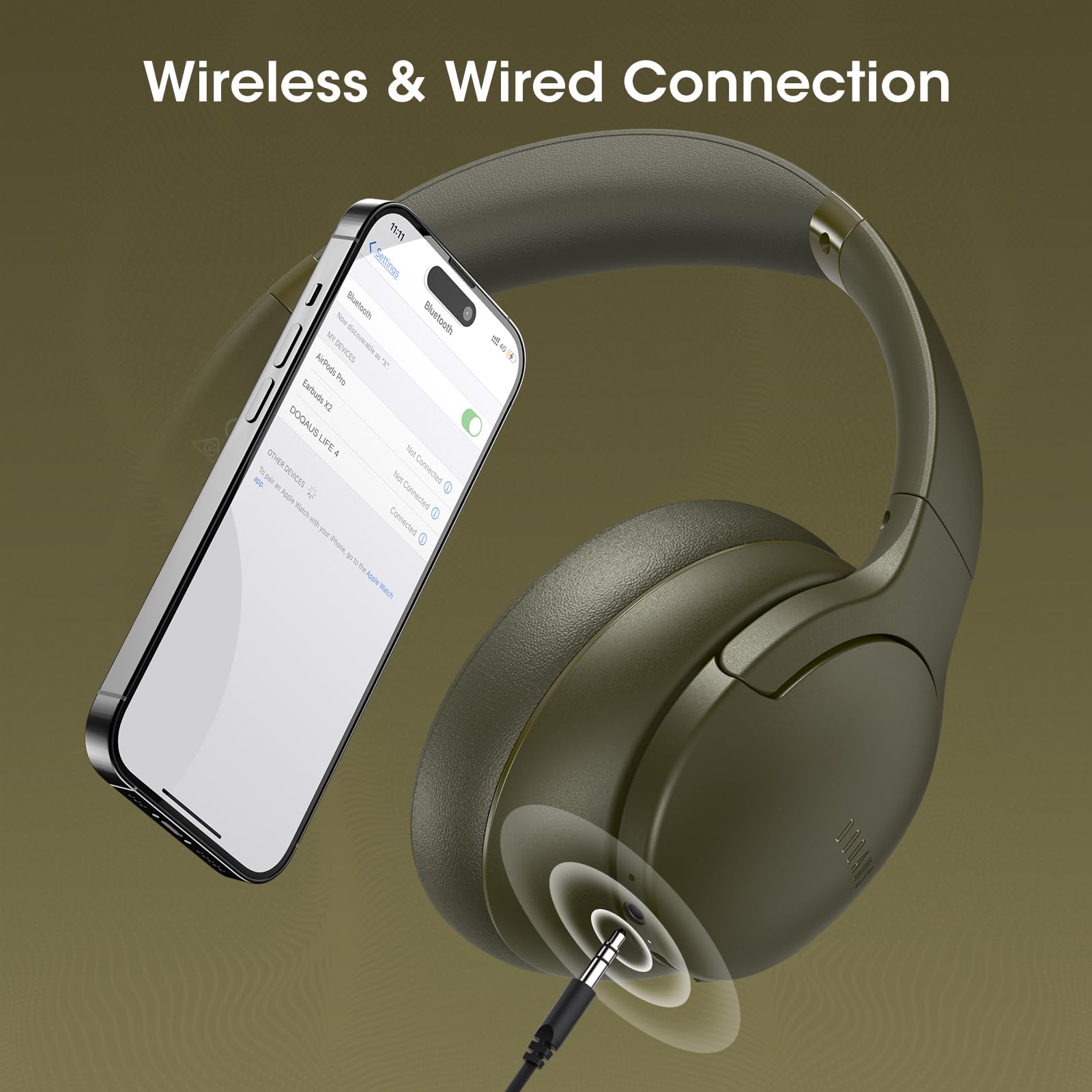 DOQAUS Wireless Bluetooth Headphones Over Ear with 90H Playtime, HiFi Stereo Sound, Deep Bass & Built-in Mic - Foldable Lightweight Headset with 3 EQ Modes for iPhone, Android, PC - Perfect for Travel, Office, Gym & Home Use (Green)
