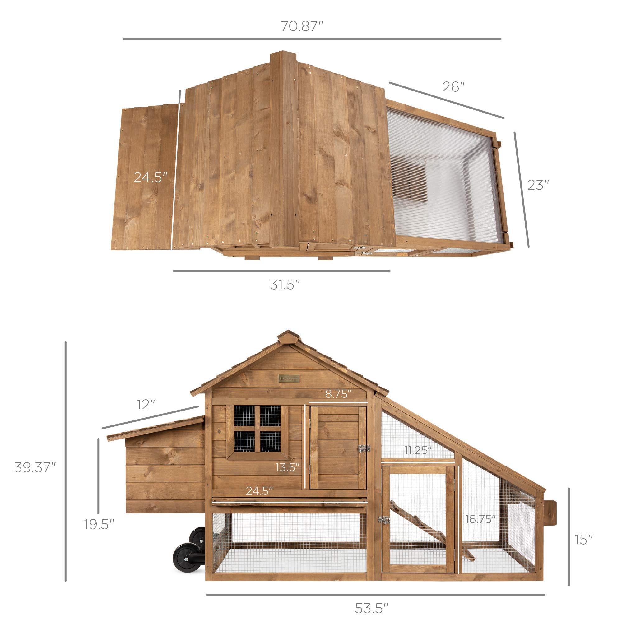 Best Choice Products 71in Mobile Fir Wood Chicken Coop Hen House Poultry Cage for 3-5 Hens - Outdoor Chicken Coop with Wheels, 2 Doors, Nest Box & Removable Tray - Durable UV Panel for Backyard Poultry Farming & Animal Care