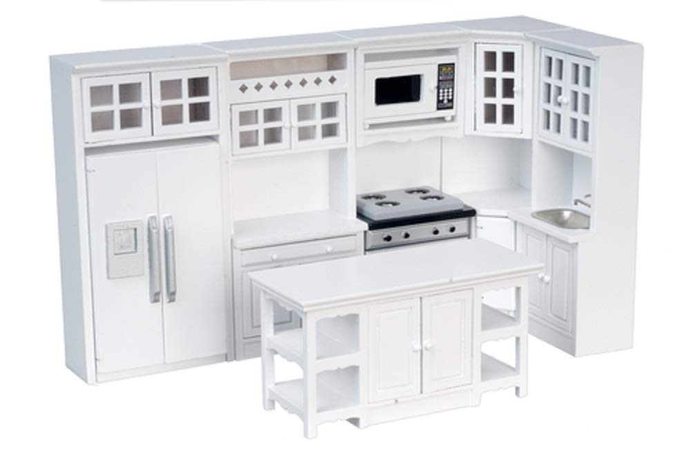1:12 Scale Dollhouse Miniature White Kitchen Set - 8 Piece Miniature Furniture for Dollhouse Decor, DIY Crafts & Collectibles | Perfect for Dollhouse Enthusiasts & Model Home Displays