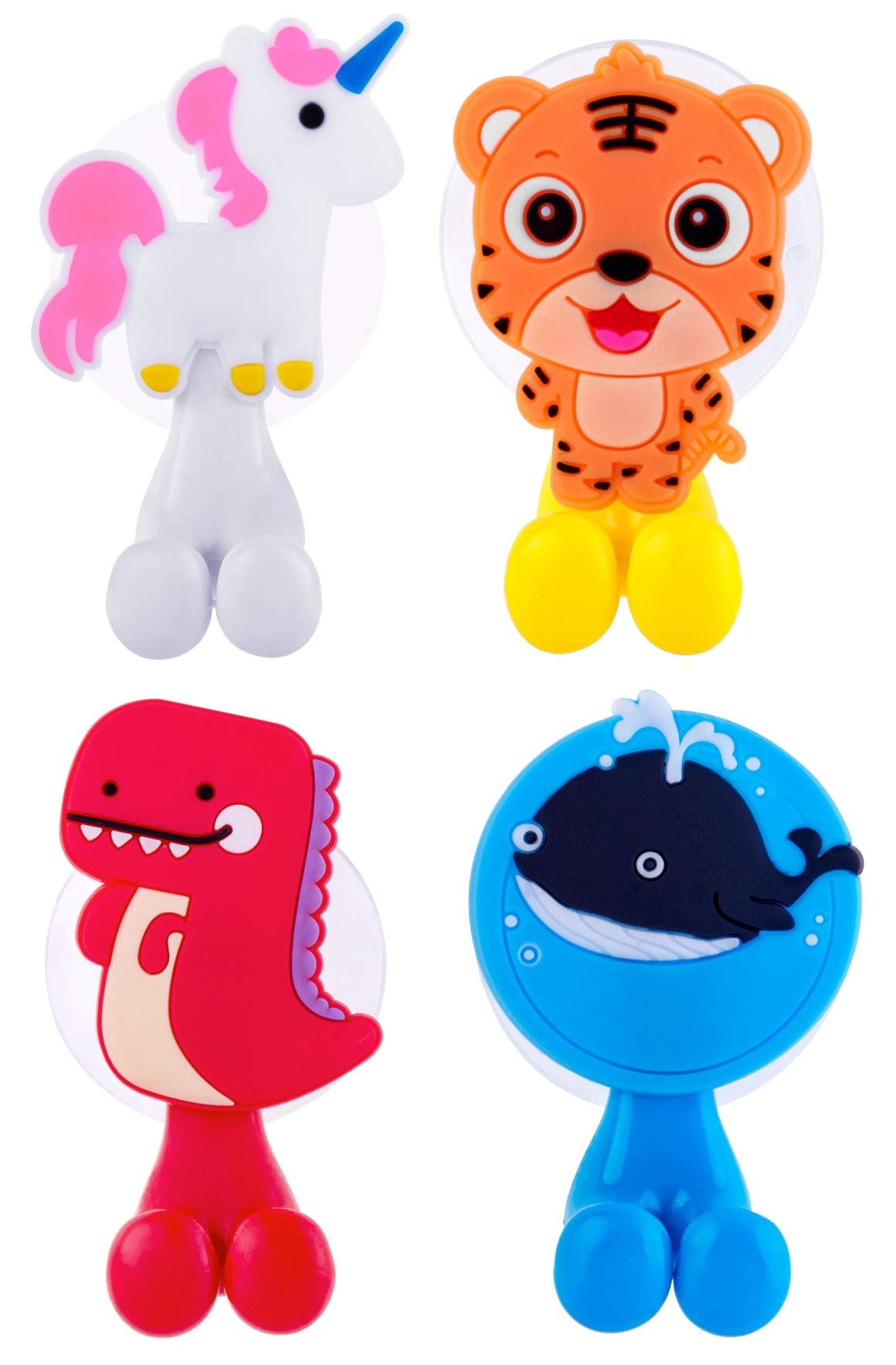 Farber Baby Toothbrush Holder Set - 4 Pack with Suction Cup Hook for Wall Mounting | Unicorn, Cheetah, Dino & Whale Designs | Toddler Bathroom Organizer & Decor Accessories | Perfect for Kids' Bathrooms, Daycare Centers & Travel