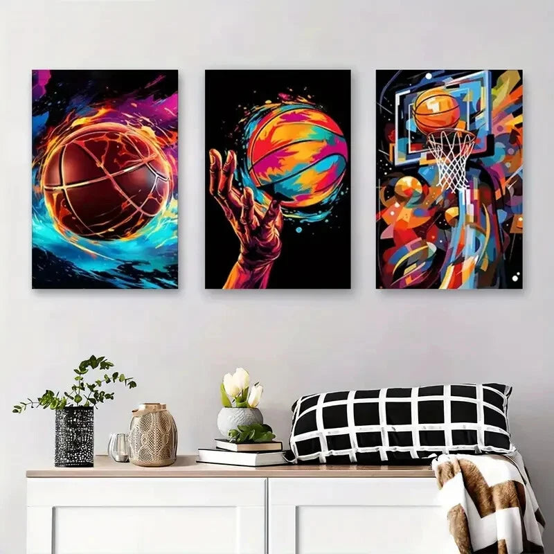 3-Piece Abstract Basketball Water Splash Metal Wall Art - Ready to Hang Modern Sports Decor for Game Room, Man Cave & Office