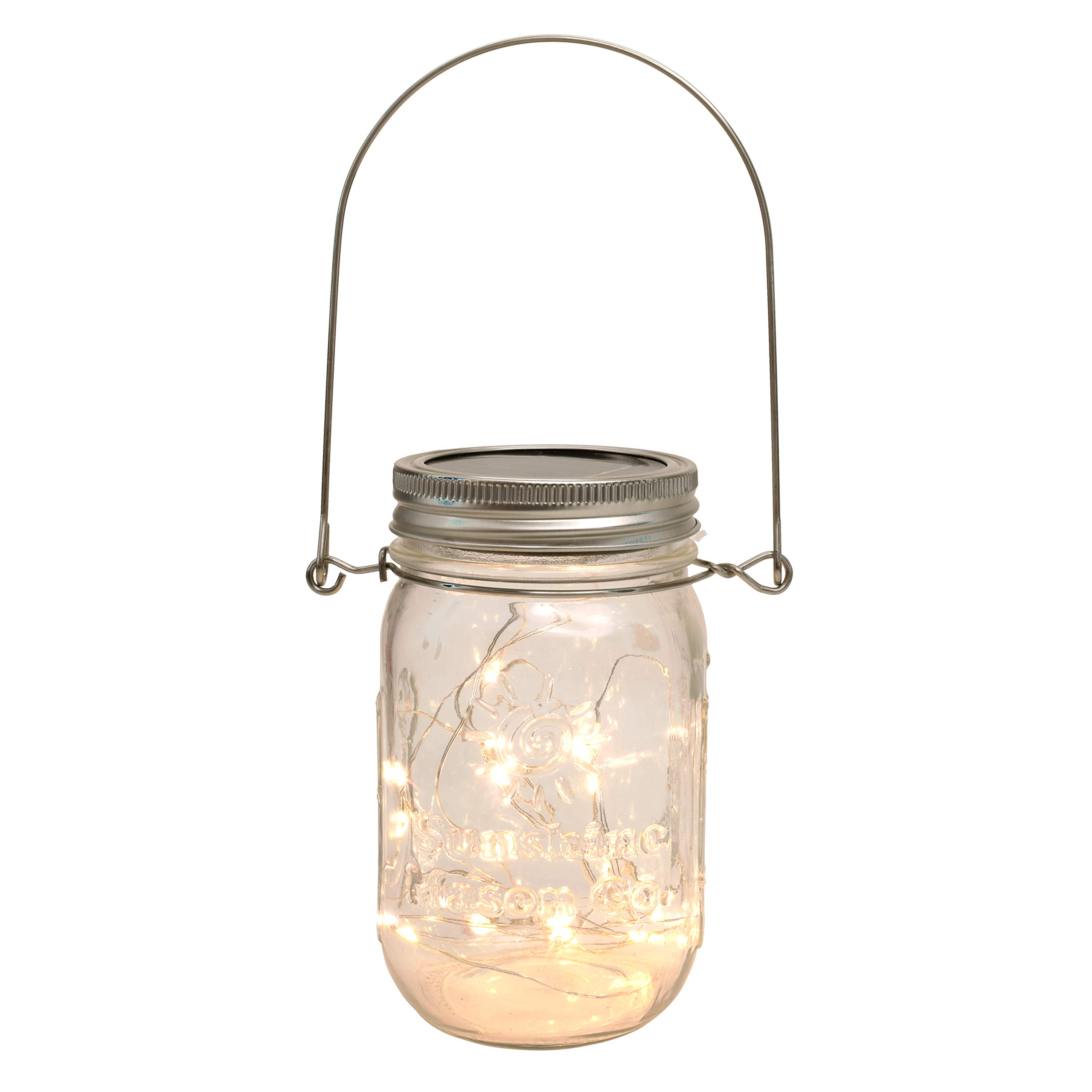 Sunshine Mason Co. Solar-Powered Mason Jars with Fairy Firefly String Lights & Hanging Handle - Perfect for Outdoor Weddings, Garden Decor, and Cozy Patio Lighting