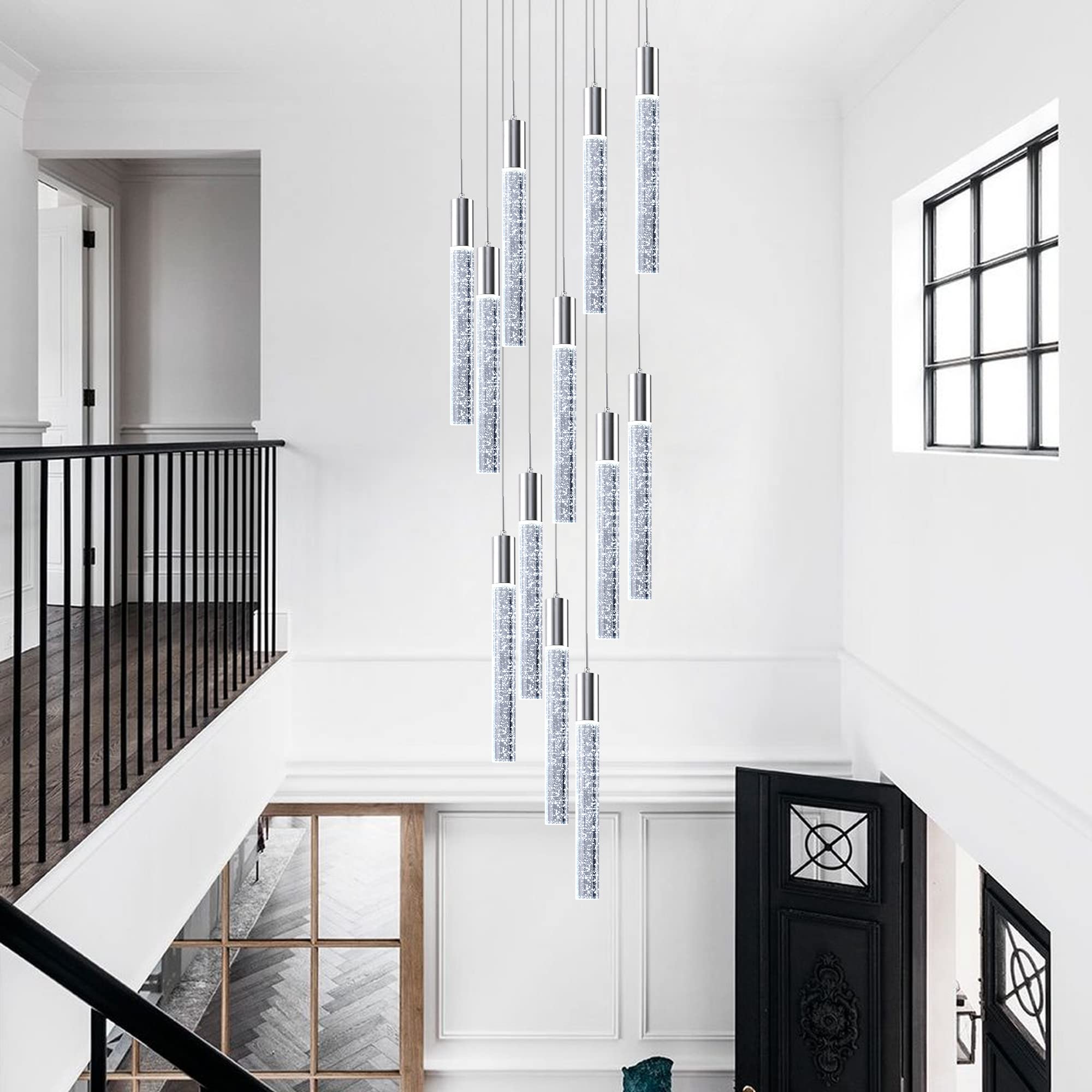 Modern 12-Light Crystal Chandelier for High Ceilings - Large Spiral LED Raindrop Pendant Light with Chrome Finish | Perfect for Foyer, Staircase, Living Room & Dining Room Lighting