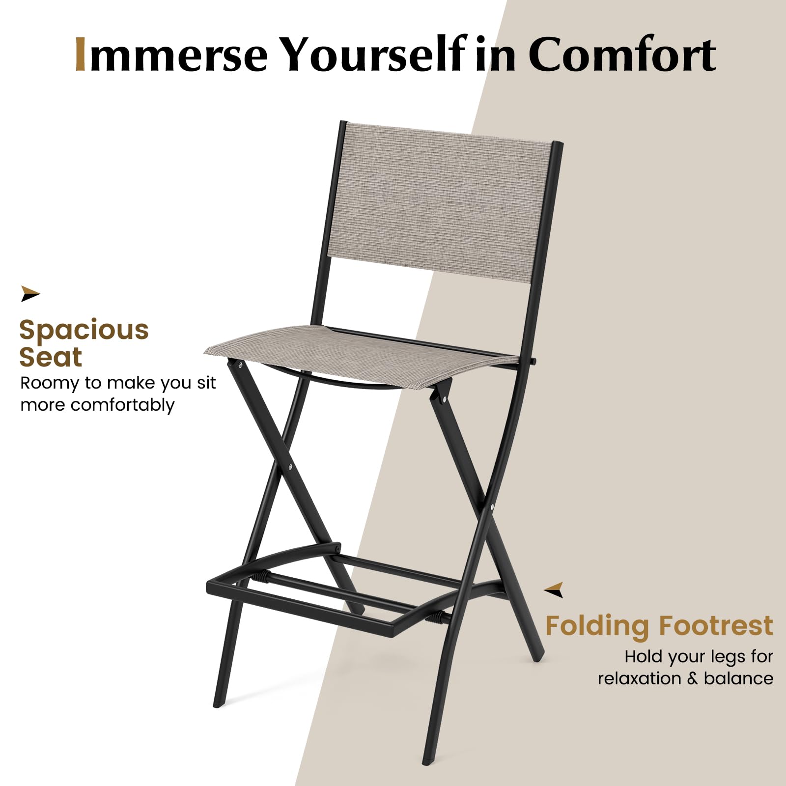 COSTWAY 2-Pack Outdoor Patio Bar Chairs, Folding Bar Height Stools with Metal Frame & Footrest - Weather-Resistant for Balcony, Garden, Poolside & Backyard (Coffee Brown) | Perfect for Outdoor Dining, Entertaining & Relaxing