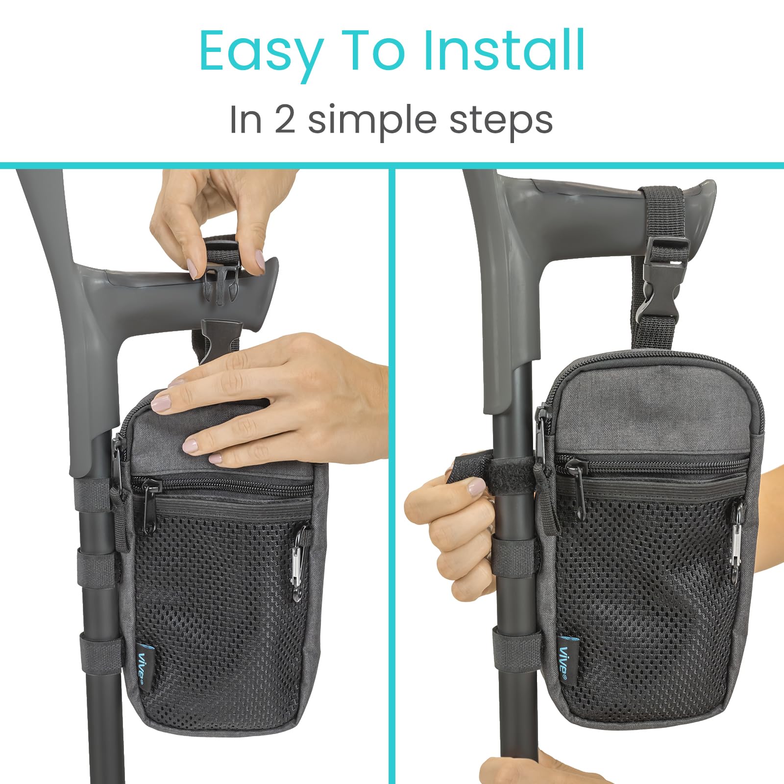 **Vive Forearm Crutch Bag - Lightweight & Waterproof Storage Pouch for Crutches with Mesh Pocket - Universal Crutch Accessories Organizer for Daily Essentials - Perfect for Travel, Hiking & Mobility Support**