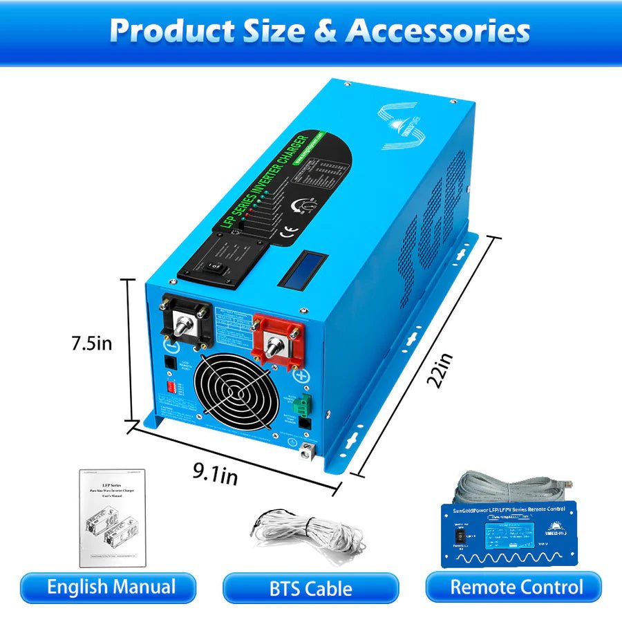 SunGoldPower 3000W 12V Pure Sine Wave Power Inverter with Built-in Charger - Perfect for RVs, Boats, Off-Grid Solar Systems & Emergency Power Backup