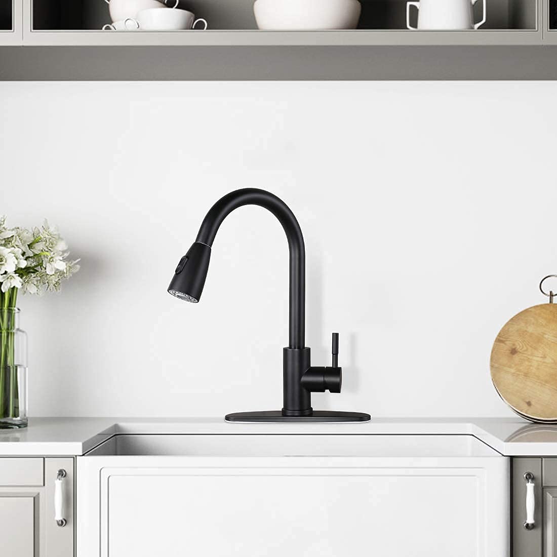 WOWOW Single Handle Bathroom Sink Faucet & Matte Black Kitchen Faucet with Pull Down Sprayer - Perfect for Modern Homes, Apartments, and Renovations