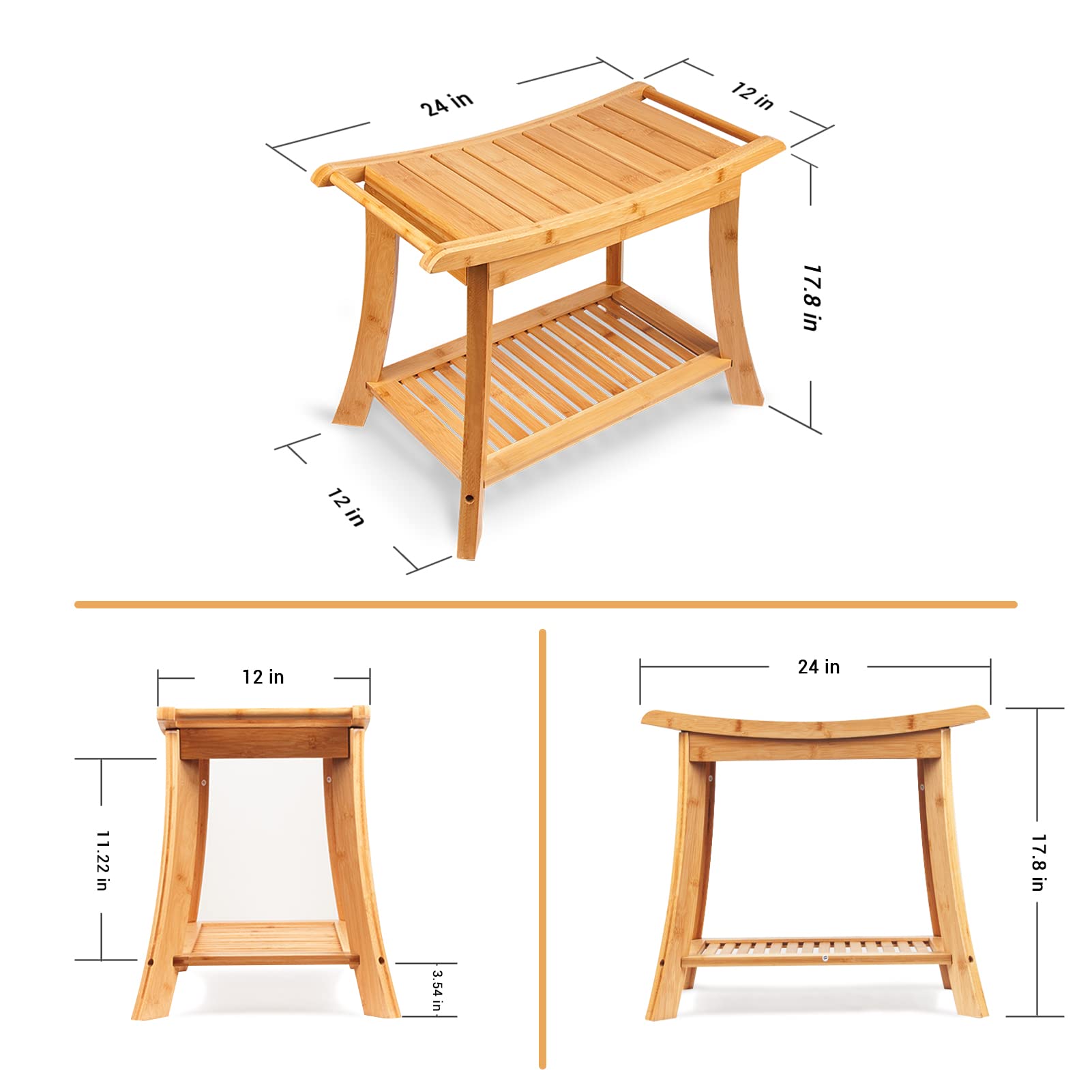 Gnomiya Bamboo Shower Bench with Handles & Storage Shelf - Wooden Shower Stool Seat for Bathroom, Spa, Shaving Legs & Relaxation - Non-Slip Bath Chair for Elderly & Disabled (Perfect for Small Spaces & Wet Rooms)