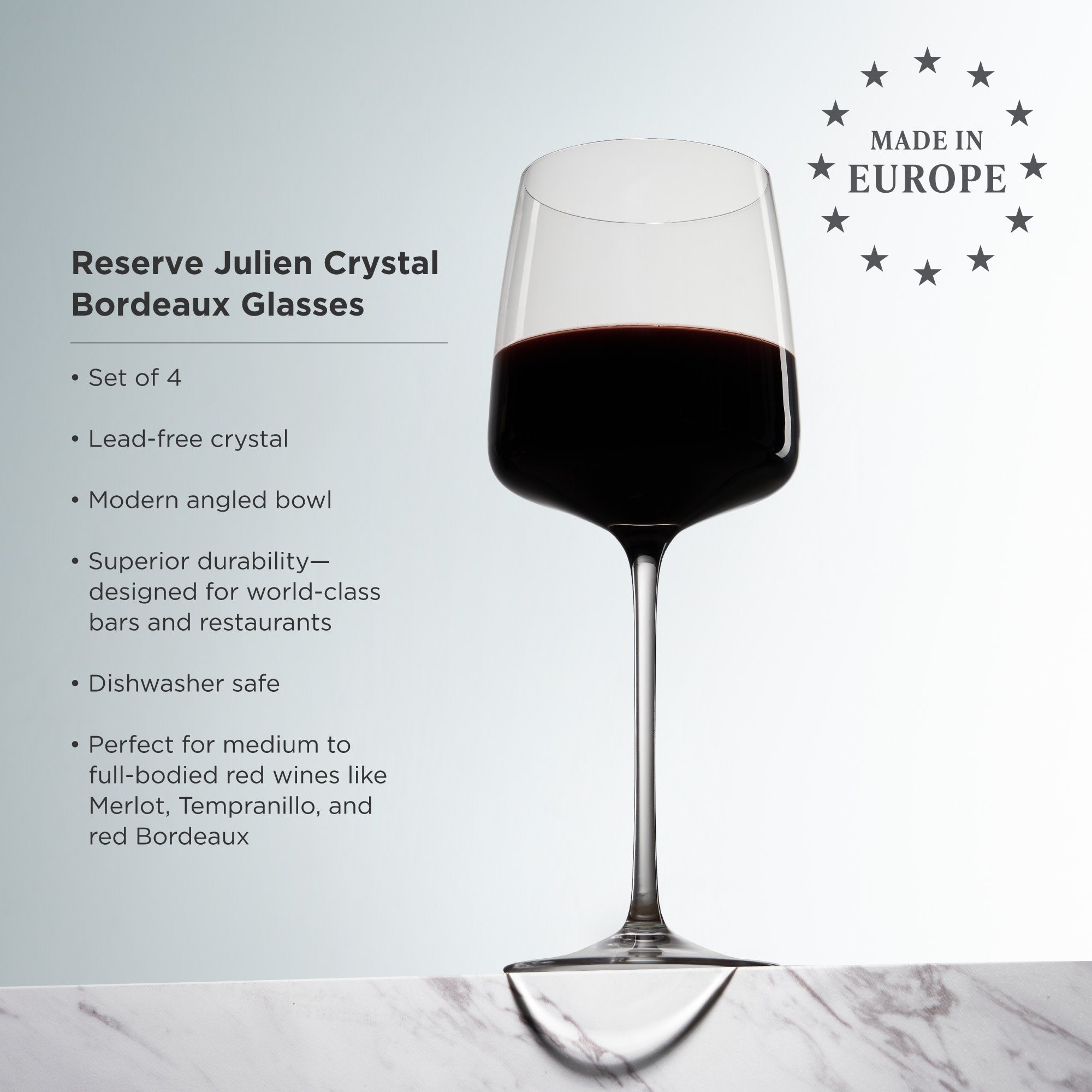 Premium Julien Crystal Bordeaux Wine Glasses Set of 4 - Elegant Stemware for Red Wine Tasting, Dinner Parties & Special Occasions