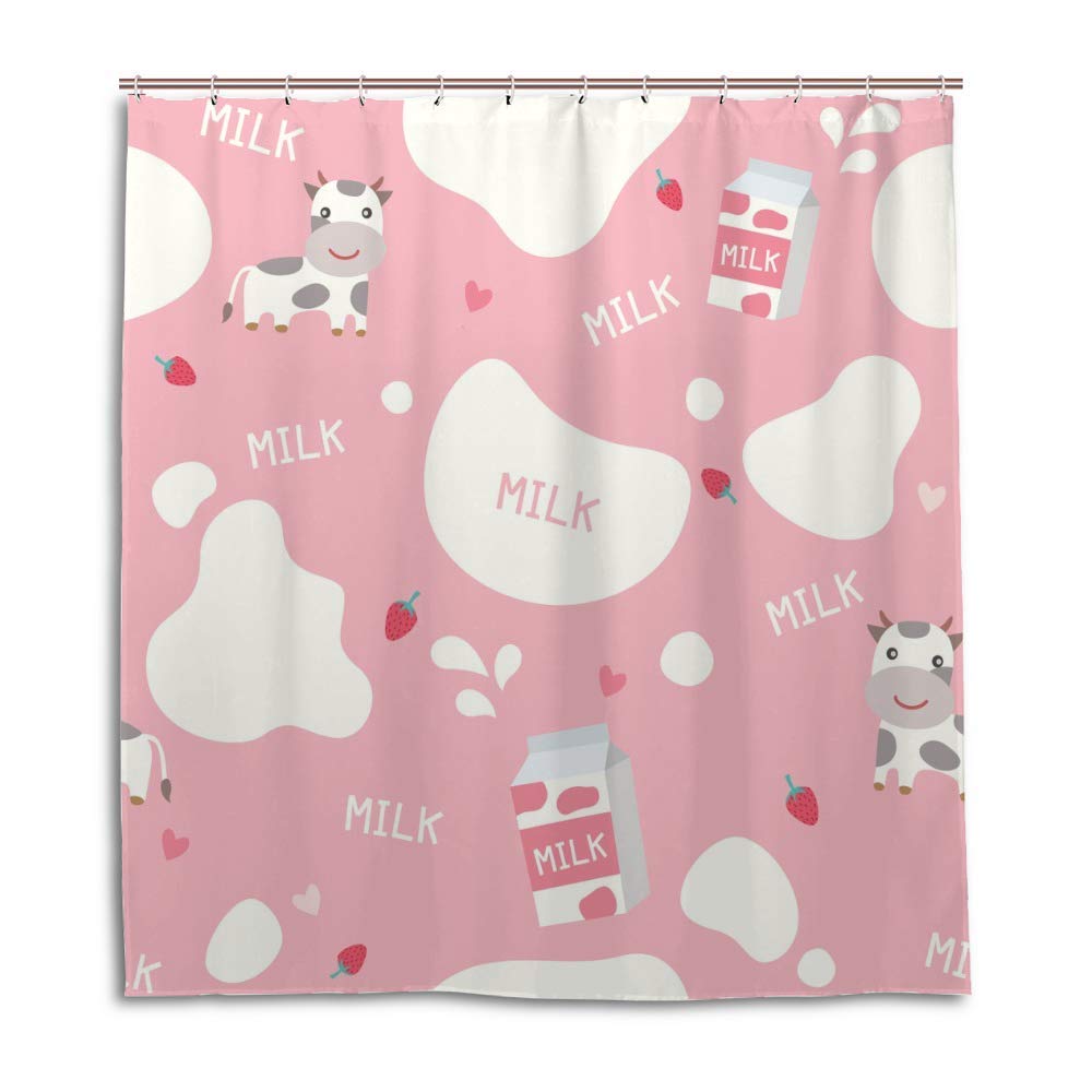 Cute Cow Strawberry Milk Box Shower Curtain Set - Waterproof Polyester Fabric with Hooks, 60x72 Inch, Machine Washable & Durable Bathroom Decor - Perfect for Kids' Bathrooms, Farmhouse Style Decor, and Themed Nursery Bath Spaces