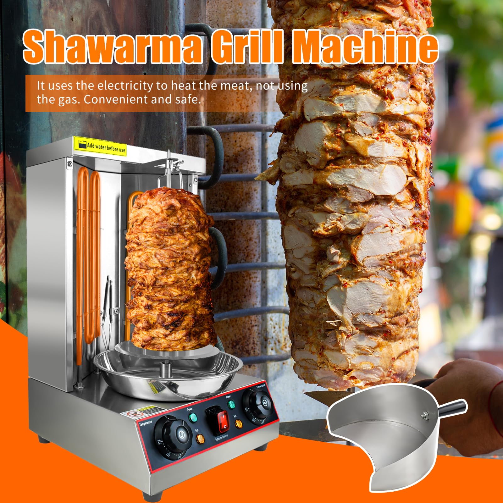 YOOKTEN 3000W Commercial Electric Shawarma Grill Machine - Stainless Steel Vertical Rotisserie for Doner Kebab, Gyro & Chicken - Includes Meat Catch Pan (Silver) - Perfect for Restaurants, Food Trucks & Home Kitchens