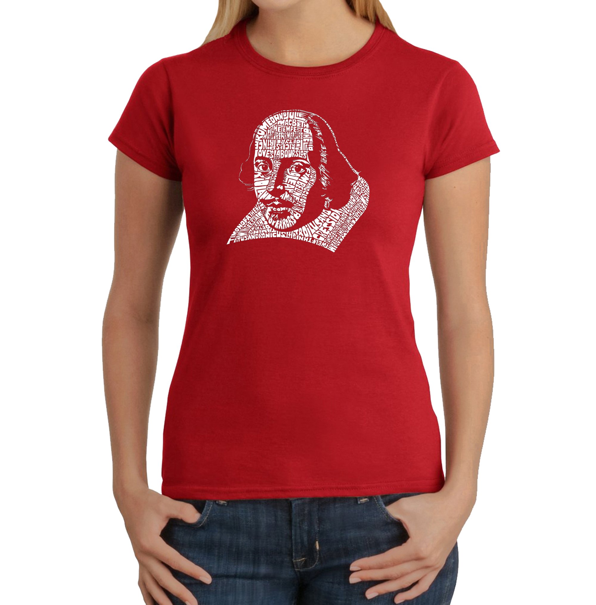 LA POP ART Women's Word Art T-Shirt Featuring All William Shakespeare's Comedies & Tragedies | Vintage Literary Tee for Book Lovers & Theater Fans | Perfect for Shakespeare Festivals, English Class & Theater Performances