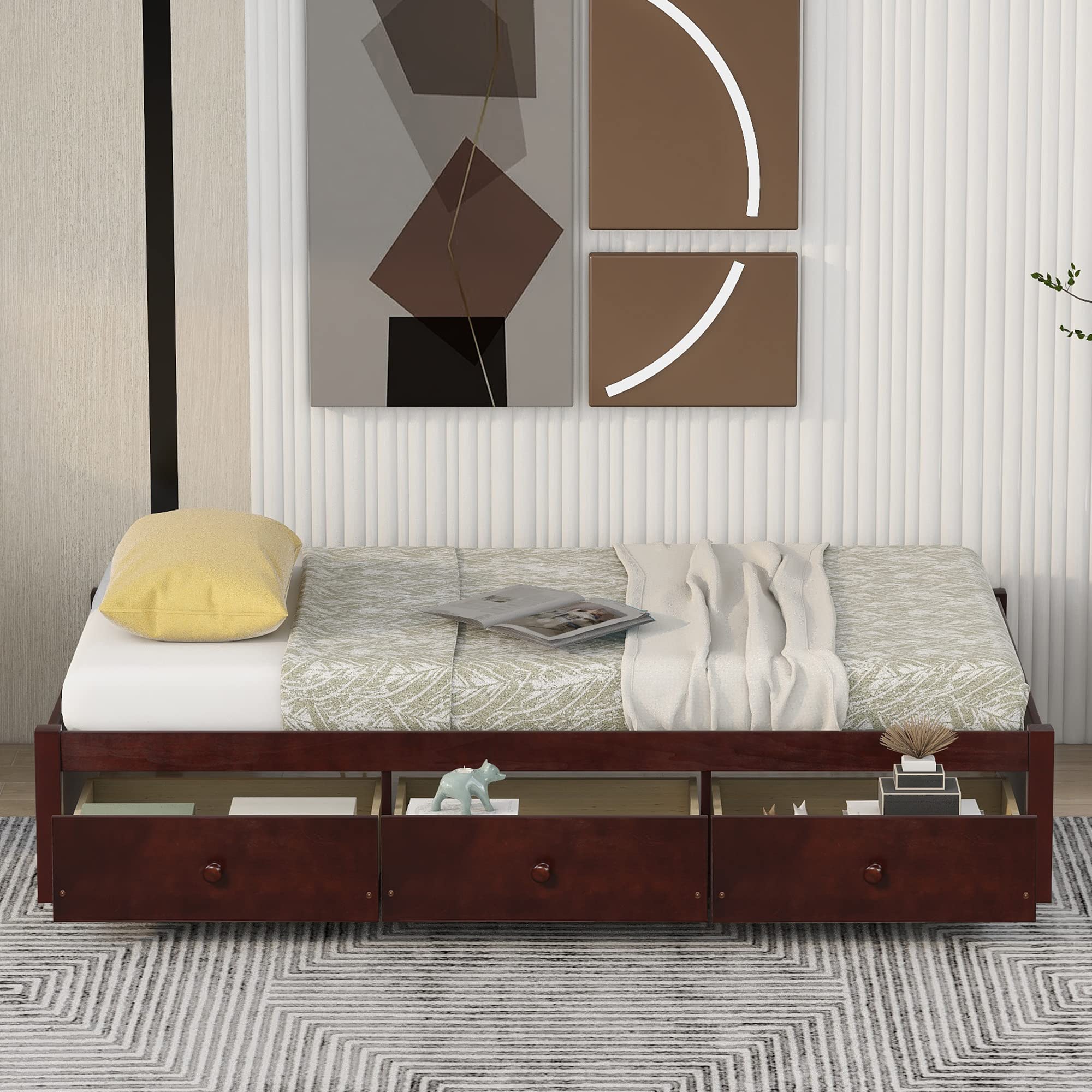 Harper & Bright Designs Twin Bed with Storage - Wood Platform Bed Frame with 3 Drawers, Kids Bed with Wood Slat Support (No Box Spring Needed) - Cherry Finish - Perfect for Small Bedrooms, Guest Rooms & Kids' Rooms