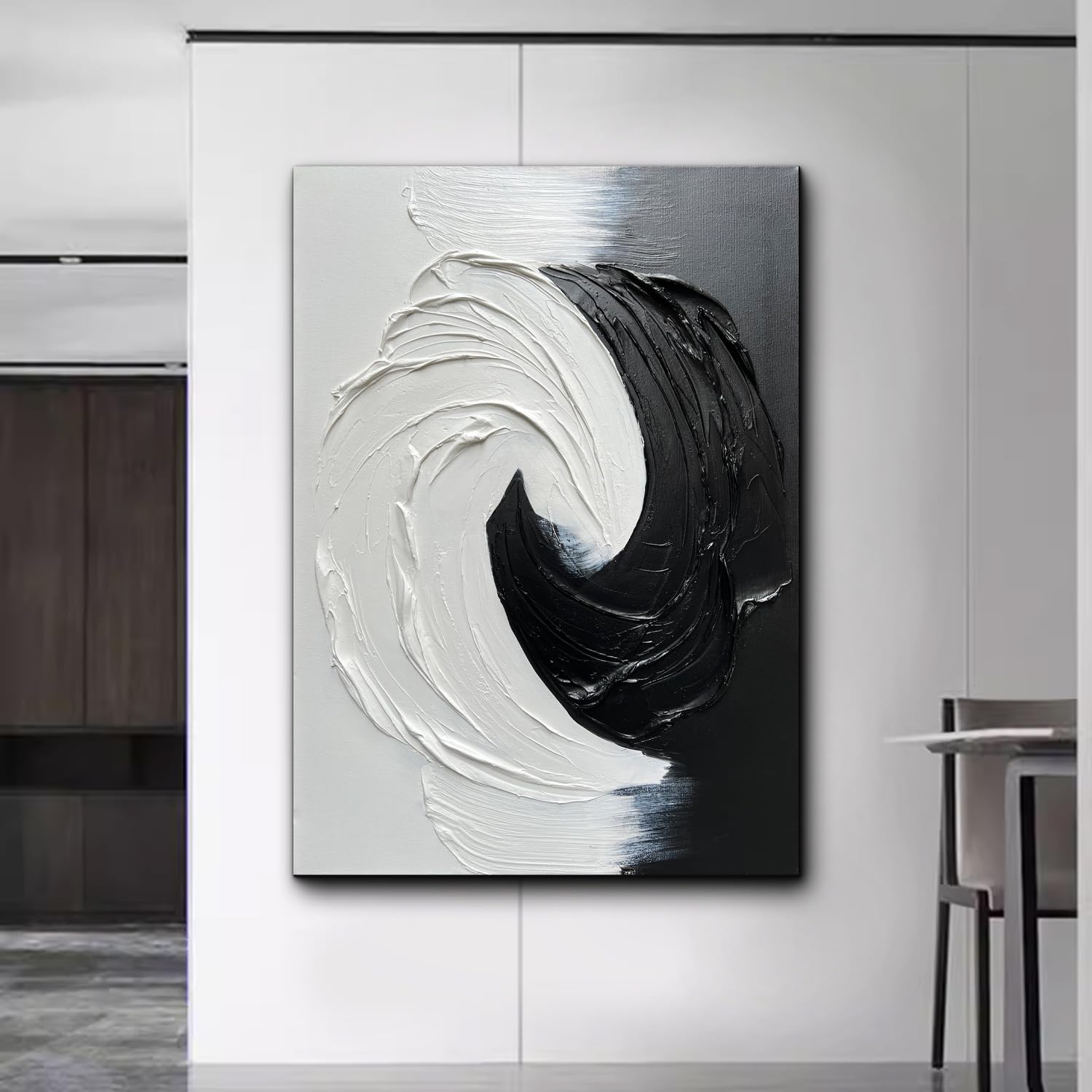 Creespi Black and White Abstract Oil Painting 28x40 Inch - Hand Painted Textured Canvas Art, Modern Minimalist Wall Decor for Living Room, Bedroom & Office