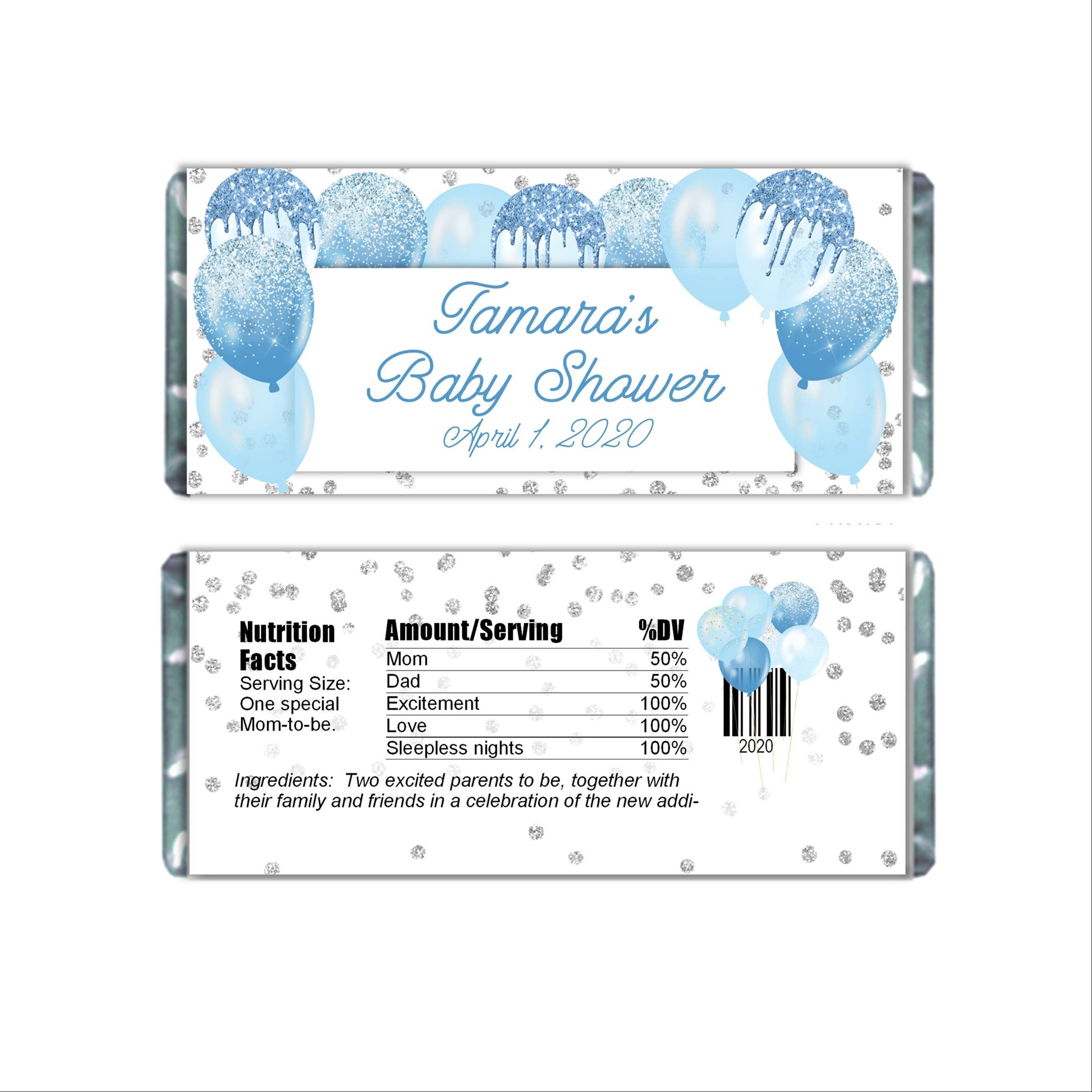 Custom Candy Bar Wrappers with Balloon Design - 20 Pack Blue Birthday Party Favors for Baby Shower, Bridal Shower & Special Events - Personalized Chocolate Bar Labels for Gifts, Celebrations & Party Decorations