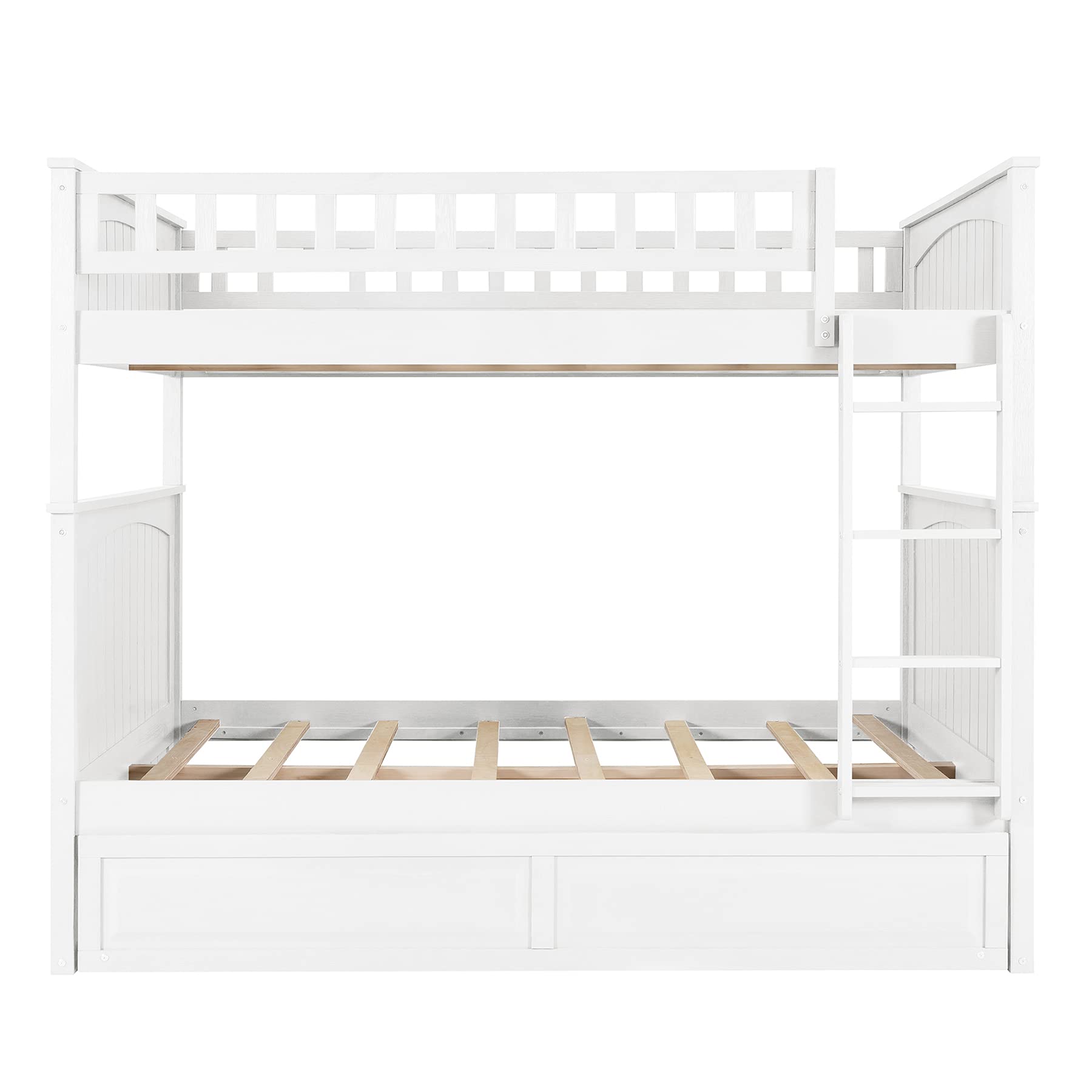 P PURLOVE Full Over Full Bunk Bed with Trundle - Solid Wood Bunk Bed Frame with Safety Guardrails for Kids & Teens - Space-Saving Bedroom Furniture for Small Rooms, Guest Rooms & Vacation Homes (White)