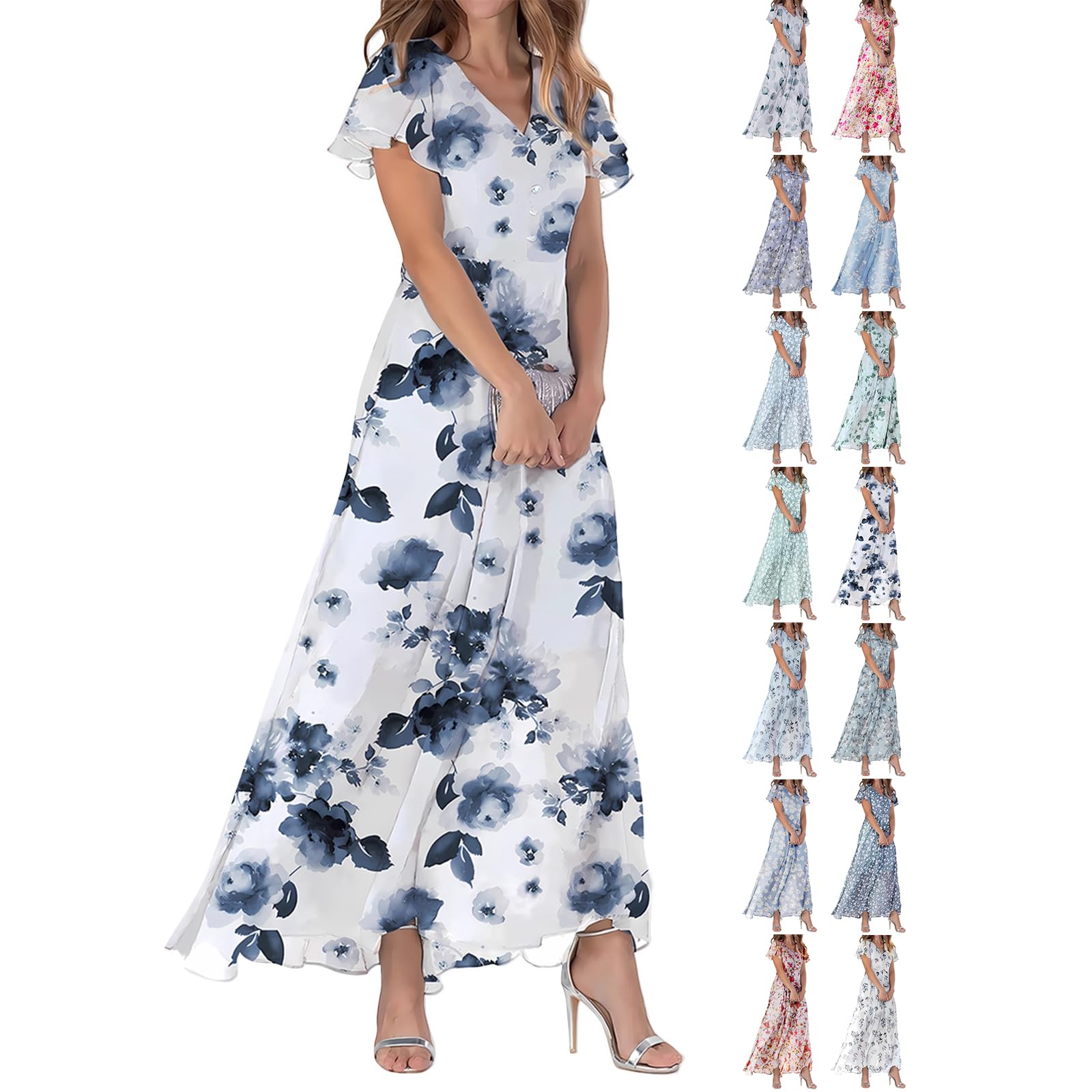 Elegant Flowy Chiffon Maxi Dress for Women - Floral Wedding Guest Dress, Semi Formal Summer Outfits | Perfect for Garden Parties, Bridal Showers & Beach Vacations