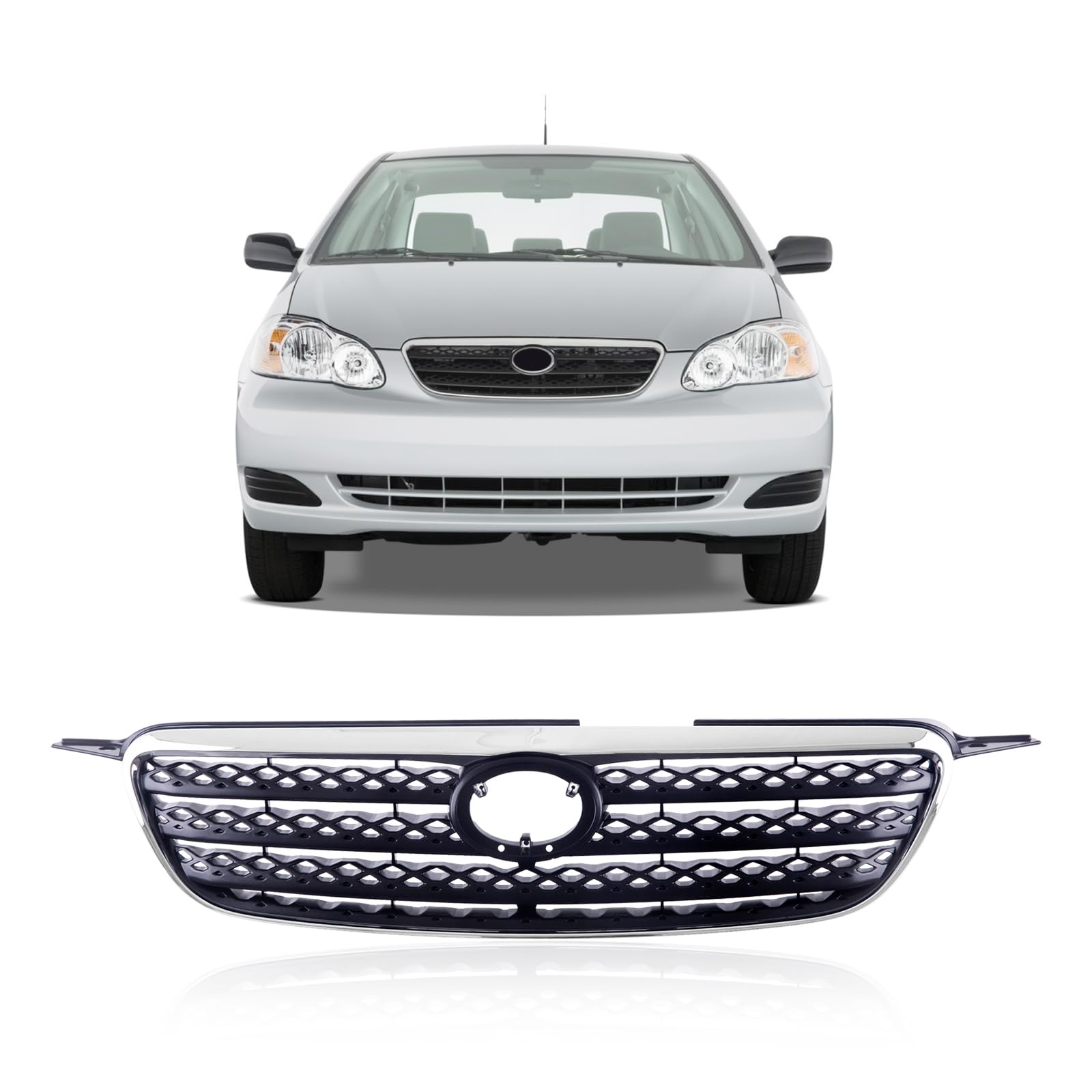 Perfit Liner Front Grille Grill Chrome Molding with Gray Insert for 2005-2008 Toyota Corolla | TO1200278 5310002090 | Perfect for Car Customization & Auto Body Upgrades
