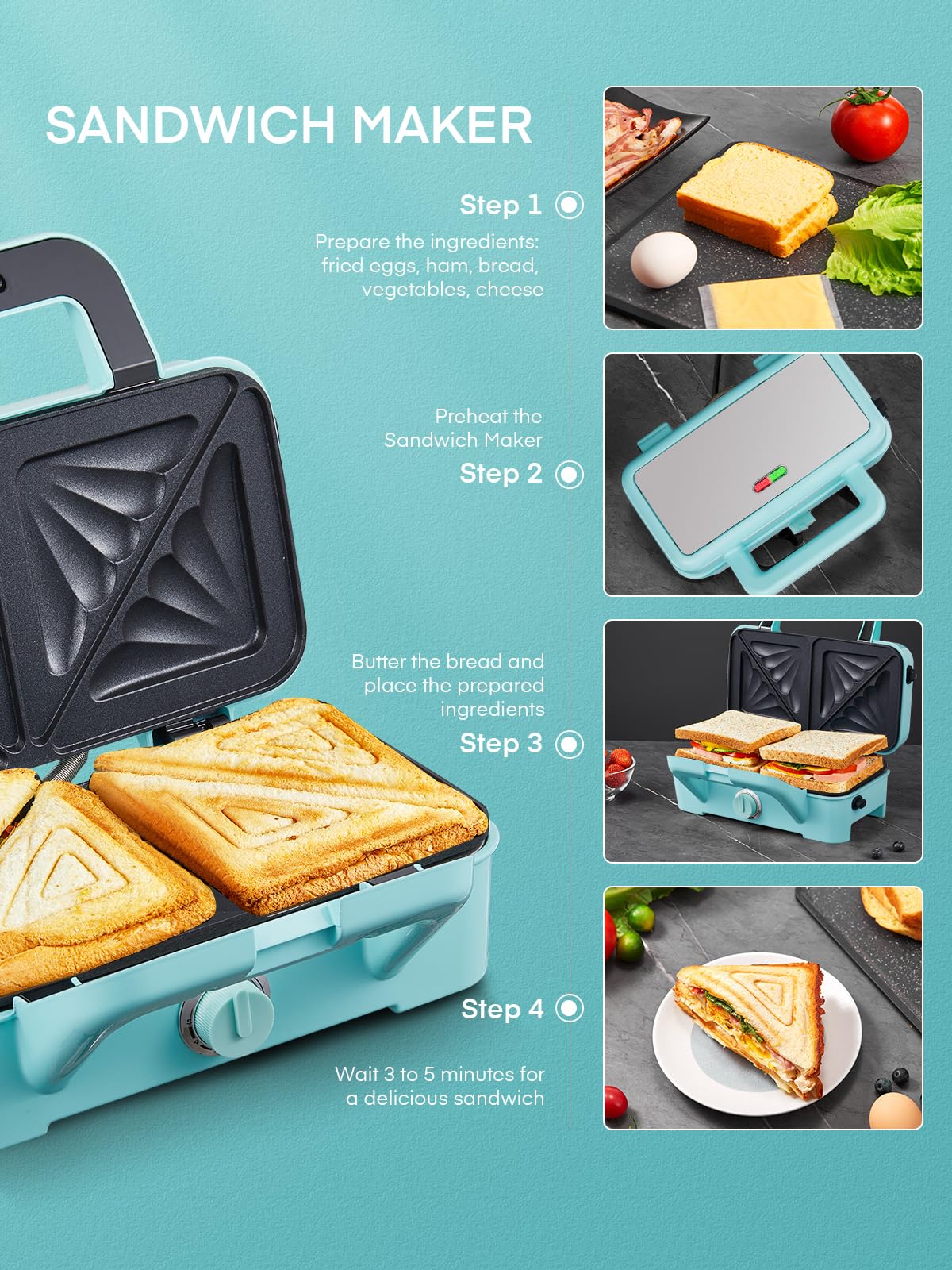 FOHERE 3-in-1 Waffle Maker & Sandwich Press, 1200W Panini Grill with Removable Non-Stick Plates, 5-Level Temperature Control, Easy to Clean with Indicator Lights (Blue) - Perfect for Breakfast, Brunch, and Quick Snacks at Home or Office
