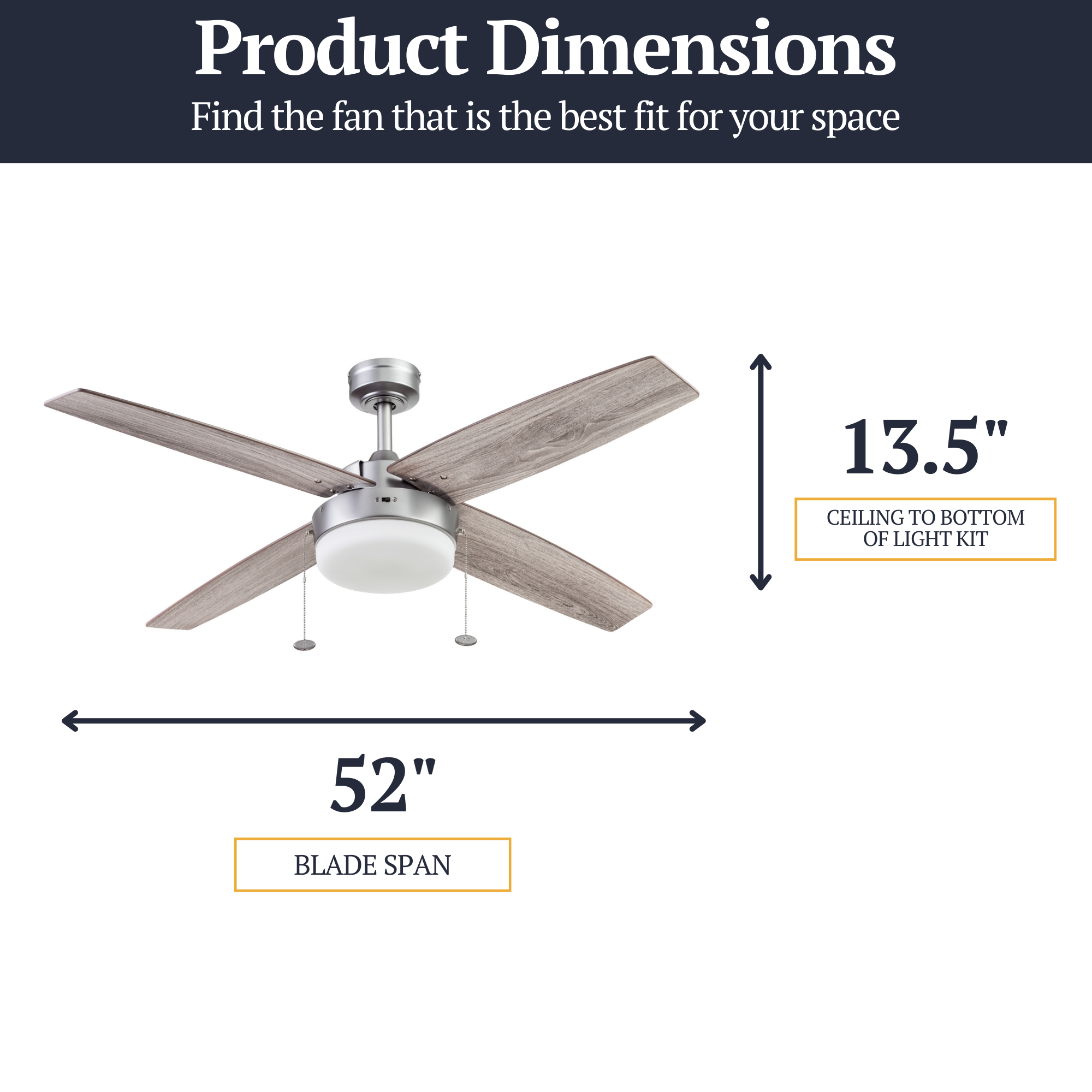 52 Inch Memphis Silver Ceiling Fan with Pull Chain - Modern Indoor Cooling Fan for Living Room, Bedroom, and Office