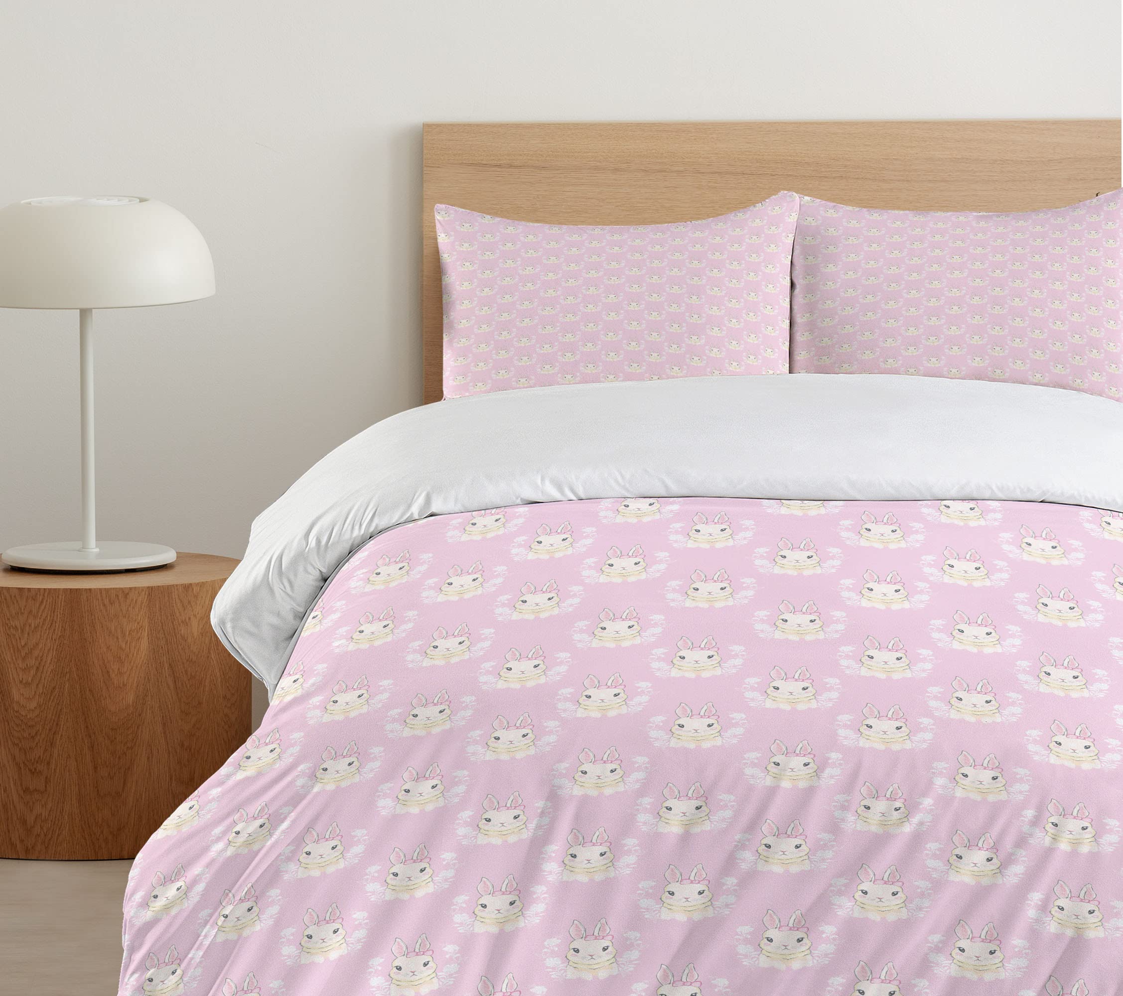 Ambesonne Easter Bunny Duvet Cover Set - Floral Spring Rabbit with Ribbons Design in Soft Pink Tones, 3-Piece Queen Size Bedding Set with 2 Pillow Shams (Rose Champagne) | Perfect for Spring Decor, Easter Gift, and Cozy Bedroom Makeover