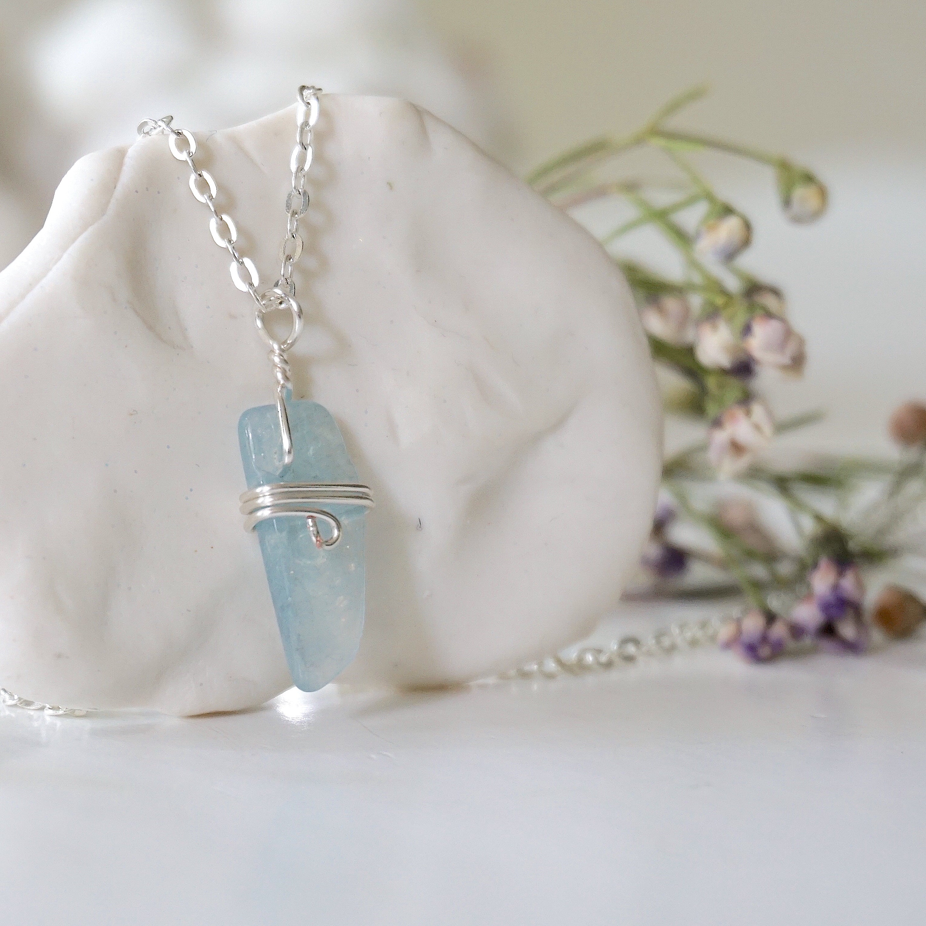 Raw Aquamarine Silver Charm Necklace – Handmade Boho Jewelry for Women – Perfect for Everyday Wear, Gift Giving & Spiritual Healing