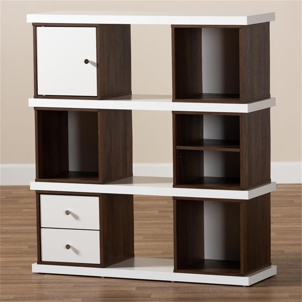 BOWERY HILL Modern Two-Tone White & Walnut 2-Drawer Bookcase - Stylish Storage for Home Office, Living Room & Bedroom