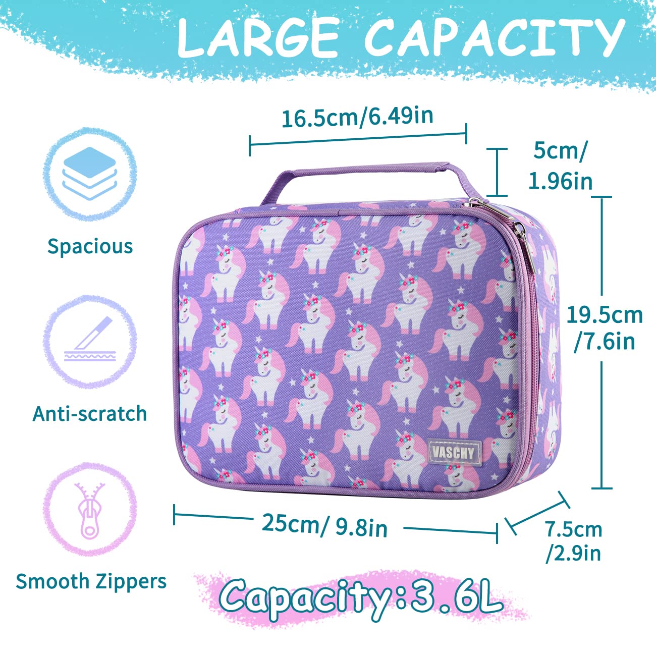 VASCHY Large Pencil Case with Detachable Layers - Purple Unicorn for School & Office Organization