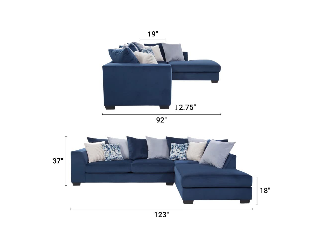 L-Shaped Sectional Sofa with Pillows - Blue Casual Comfort for Living Room