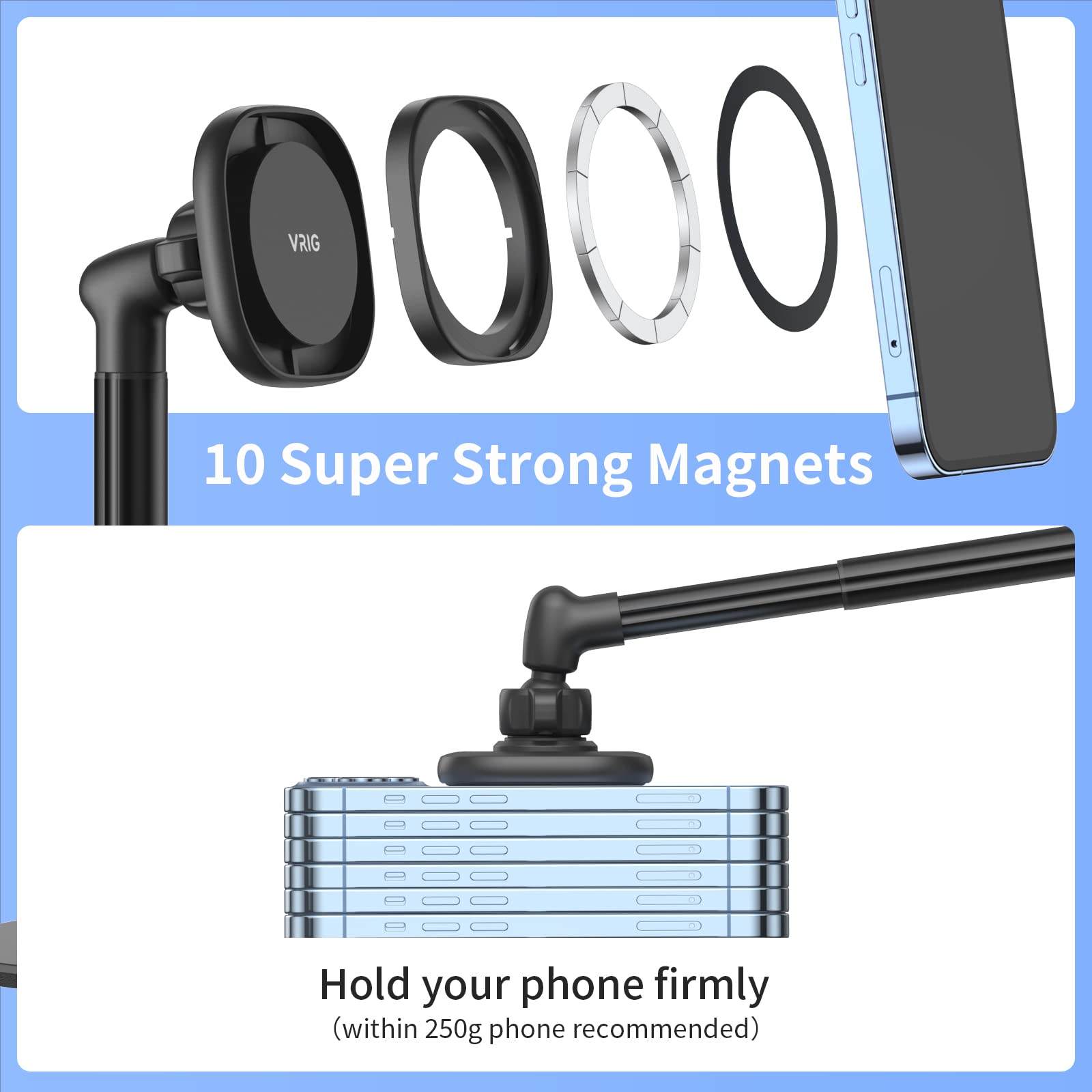 VRIG Magnetic Phone Stand for Desk - 360° Rotating Adjustable Height & Tilt Phone Holder with Magnetic Ring - Compatible with iPhone 14/13/12/11 & Android Phones - Perfect for Office, Home & Car Use