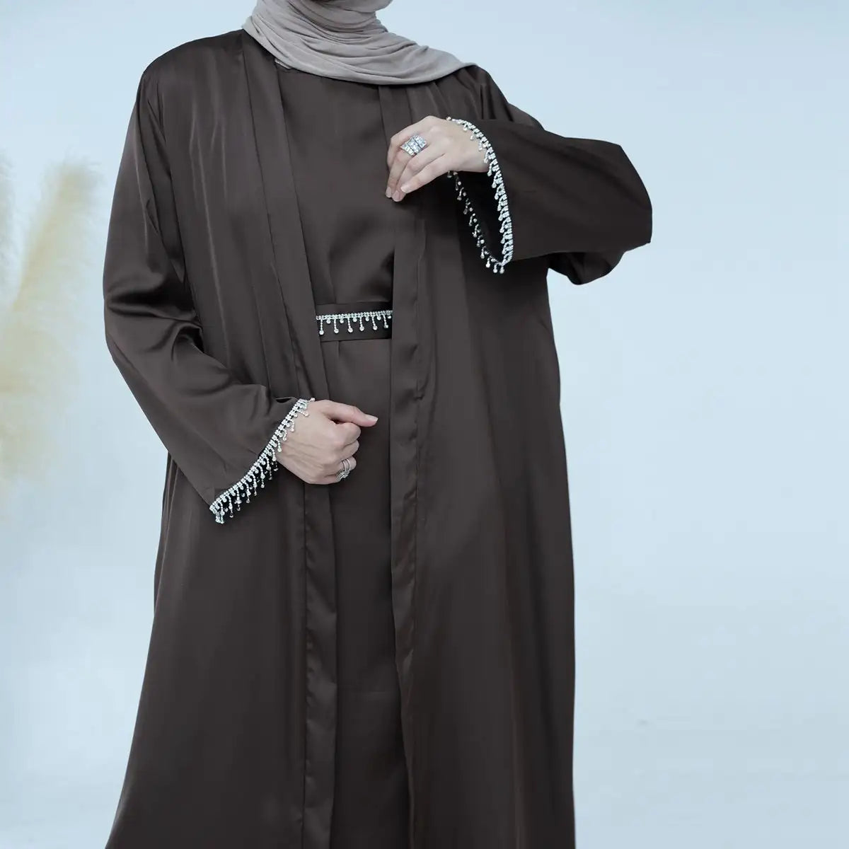 Elegant 2-Piece Modest Fashion Set - Crystal Belt Open Abaya with Sleeveless Inner Dress | Perfect for Eid, Ramadan & Special Occasions