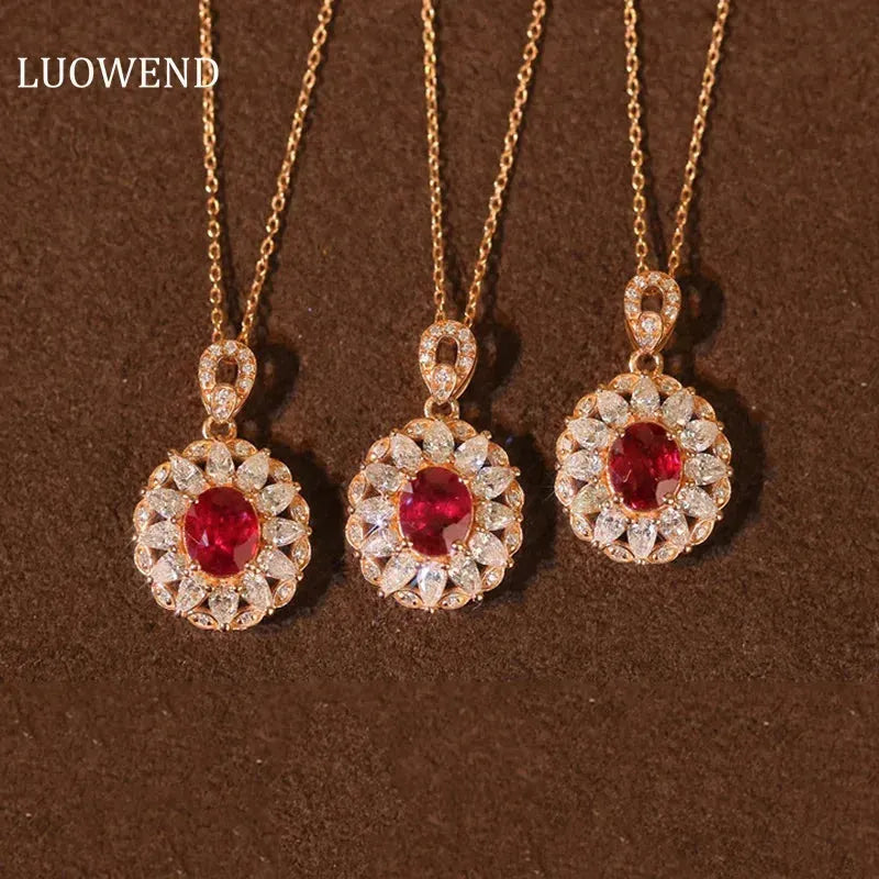 18K Rose Gold Pendant Necklace with Genuine Mozambique Ruby & Diamonds - Elegant Classic Shape Jewelry for Women, Perfect for Engagement, Anniversary & Special Occasions