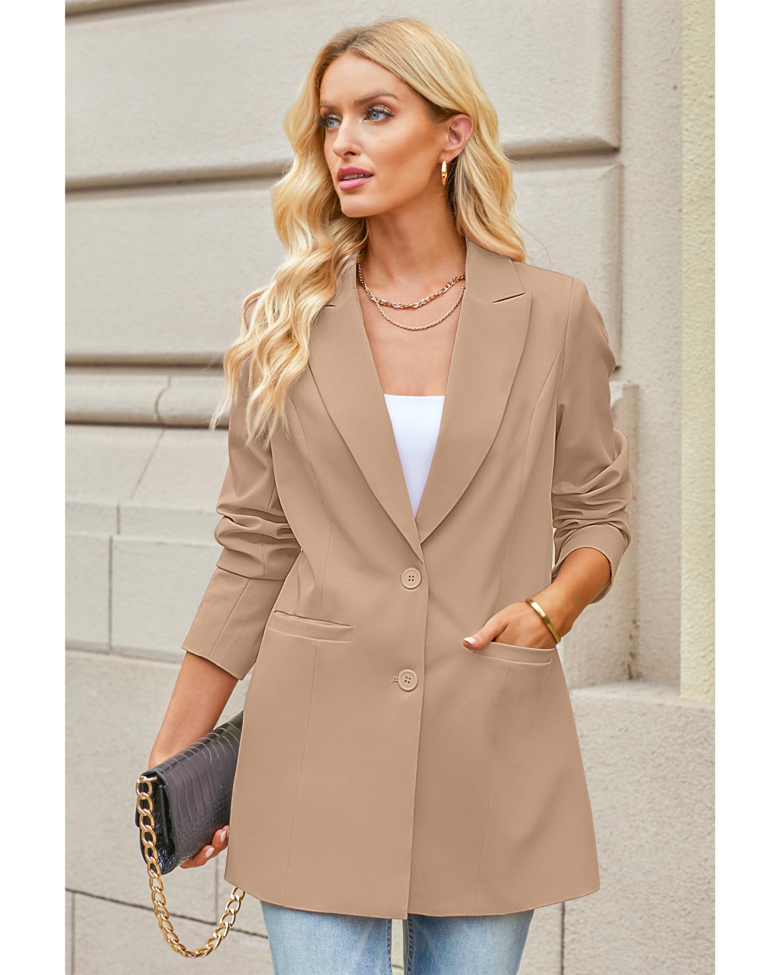 Luvamia Women's Business Casual Blazer Jacket - Professional Long Office Blazer with Lapel Pockets for Work, Interview & Formal Occasions
