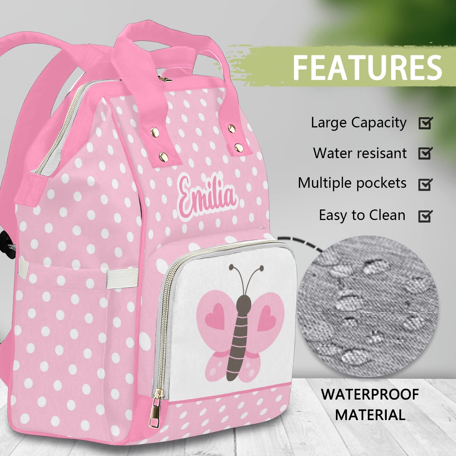 Custom Diaper Bag Backpack Tote - Personalized Butterfly Pink Baby Shower Gift, Large Waterproof Diaper Bag for Moms, Travel & Everyday Use