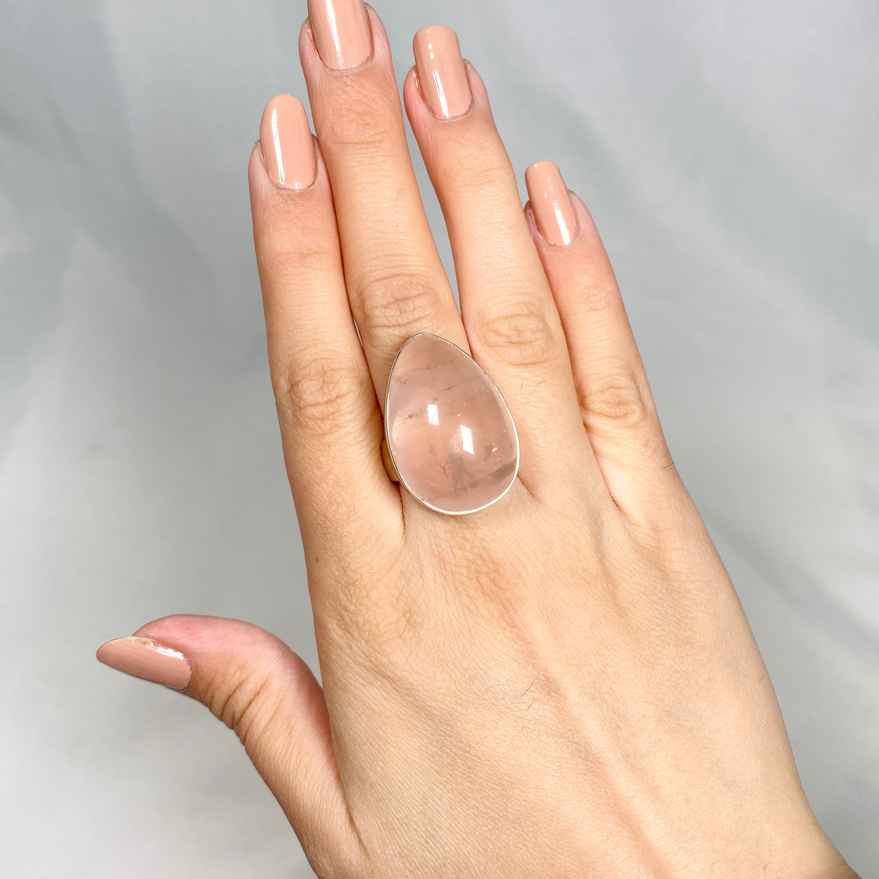 Rose Quartz Teardrop Cabochon Ring - Size 10 - KRGJ1308 - Elegant Handmade Jewelry for Women, Perfect for Weddings, Parties & Everyday Wear