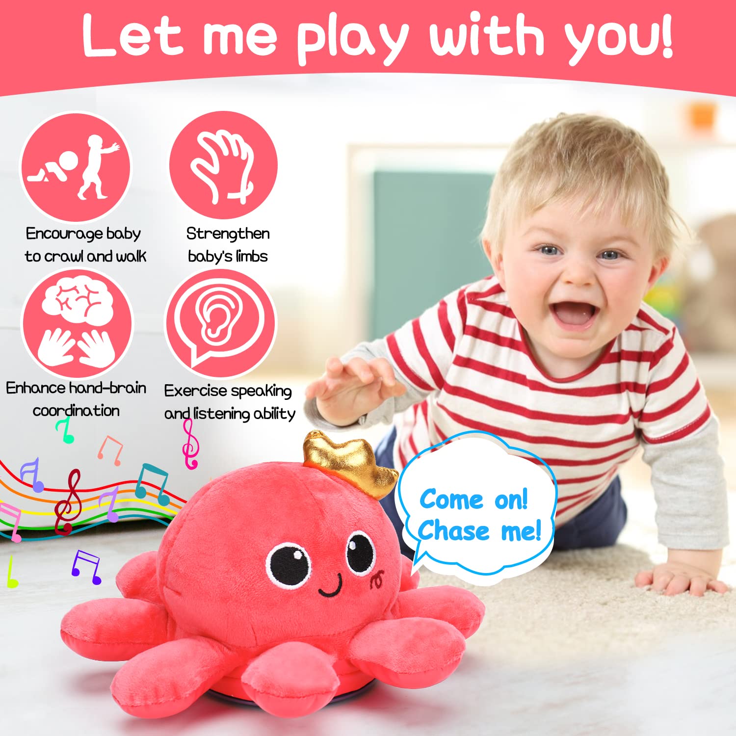 Musical Plush Octopus Toy for Baby Crawling & Walking - Light Up & Voice Control - Perfect for 1 Year Old Girls Birthday Gifts