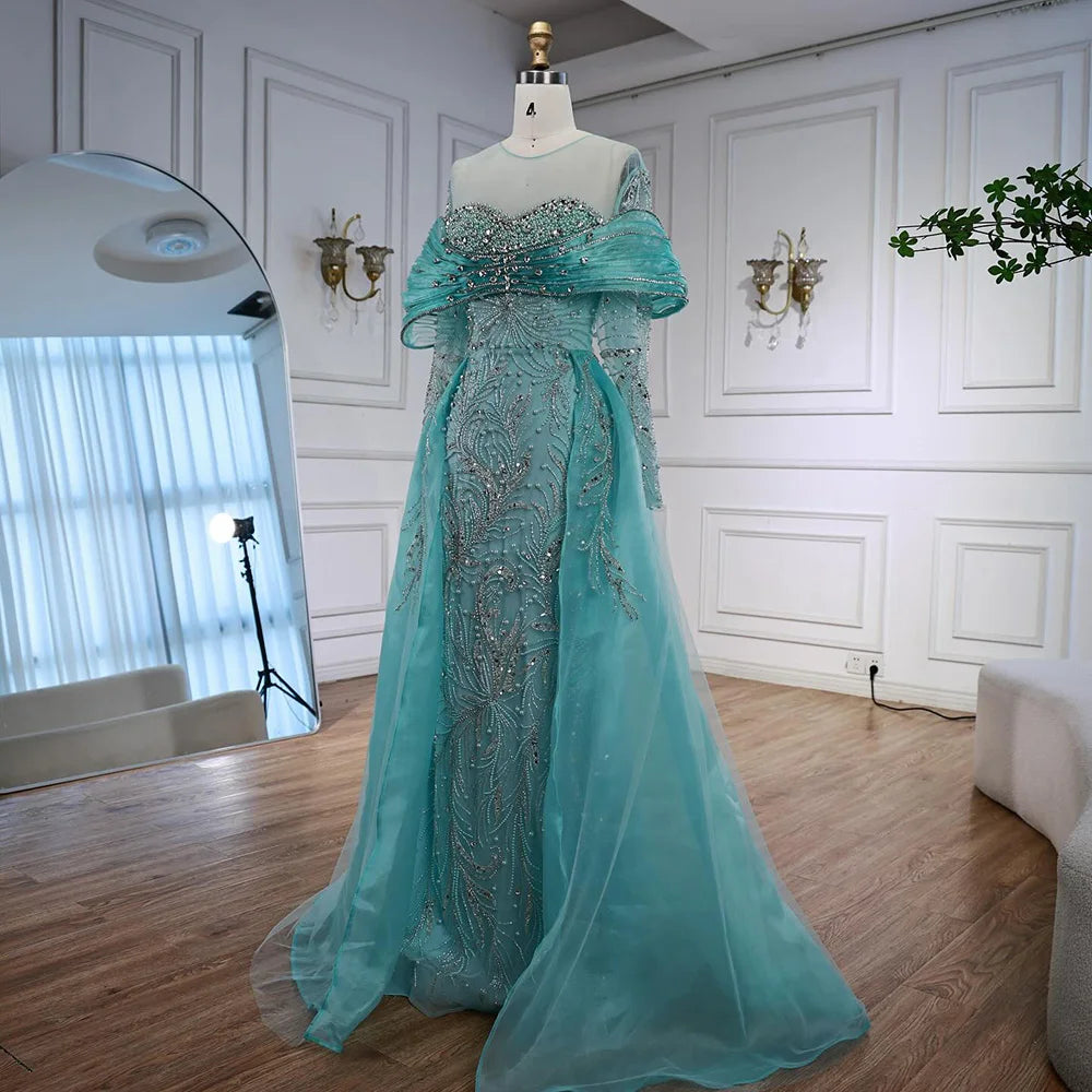 Elegant Navy Blue Long Sleeve Evening Gown with Detachable Overskirt LA72841 - Perfect for Formal Events, Prom Dresses & Wedding Guest Outfits