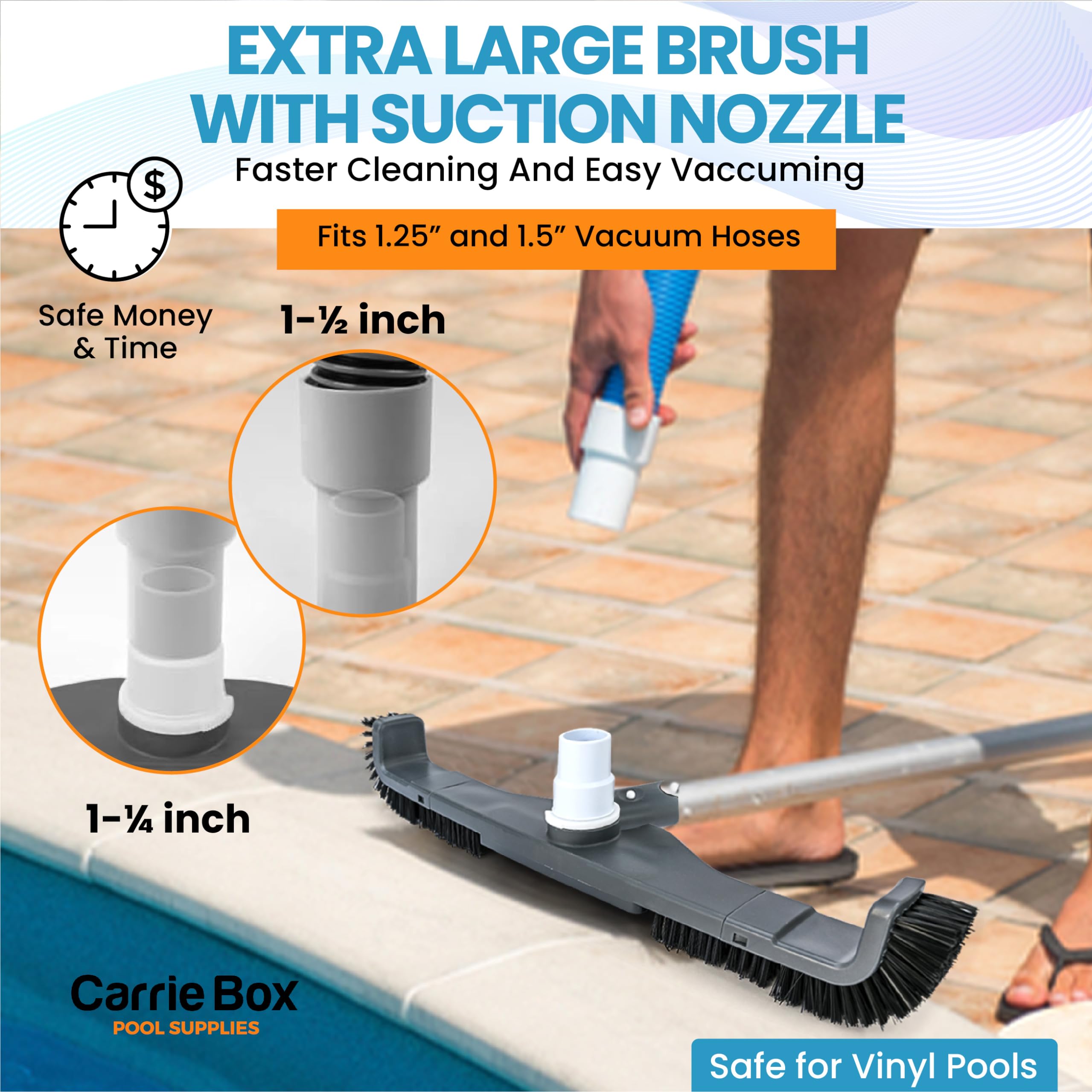 Curved Pool Brush with Vacuum Head – Heavy Duty 20-Inch 2-in-1 Cleaner for Inground & Above Ground Pools | Durable Side & Bottom Bristles with Swivel Hose Connection | Perfect for Concrete, Vinyl & Fiberglass Pool Surfaces