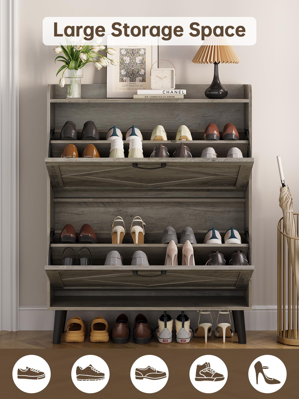 Farmhouse Narrow Shoe Storage Cabinet with 2 Flip Drawers - Slim Entryway Shoe Organizer with Wood Legs in Washed Gray | Perfect for Small Spaces, Hallways & Closet Organization