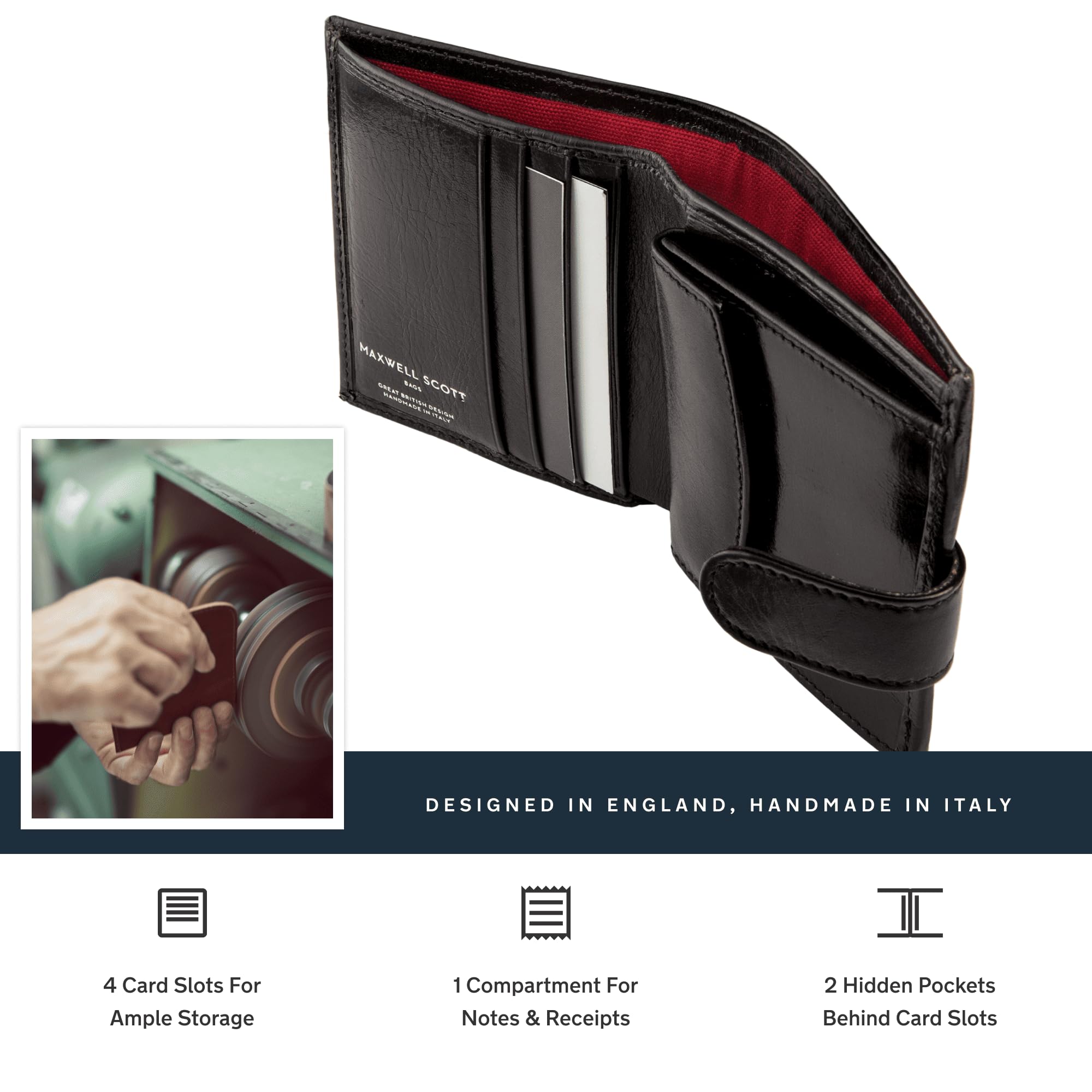 Maxwell Scott - Personalized Men's Compact Luxury Leather Wallet with Button Fastener - The Pietre - Black - Perfect for Everyday Carry & Travel Accessories