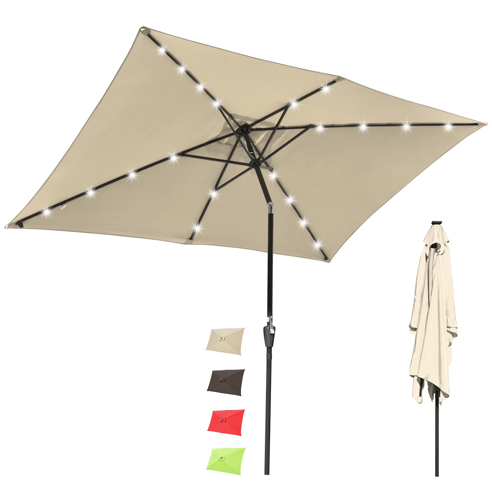 10x6.5ft Solar Powered LED Patio Umbrella with Crank Tilt - Waterproof Outdoor Shade for Garden, Backyard, Poolside & Dining Areas - Perfect for Lounging, Entertaining and Summer Relaxation