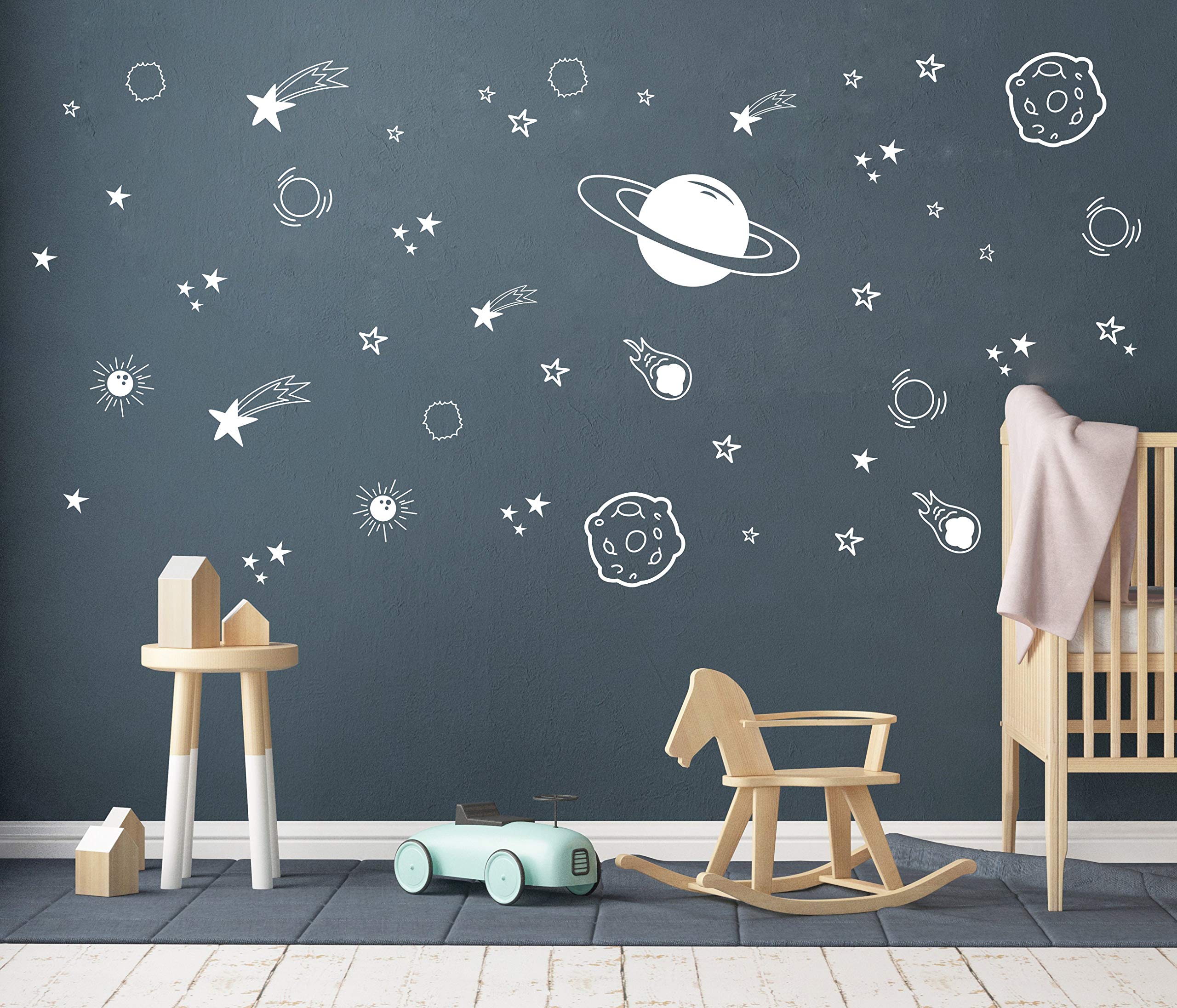 Outer Space Wall Decals for Boys Room - Planet & Star Vinyl Wall Stickers | Kids Bedroom Decor, Nursery Wall Art (White) - Perfect for Space-Themed Children's Bedrooms & Playrooms