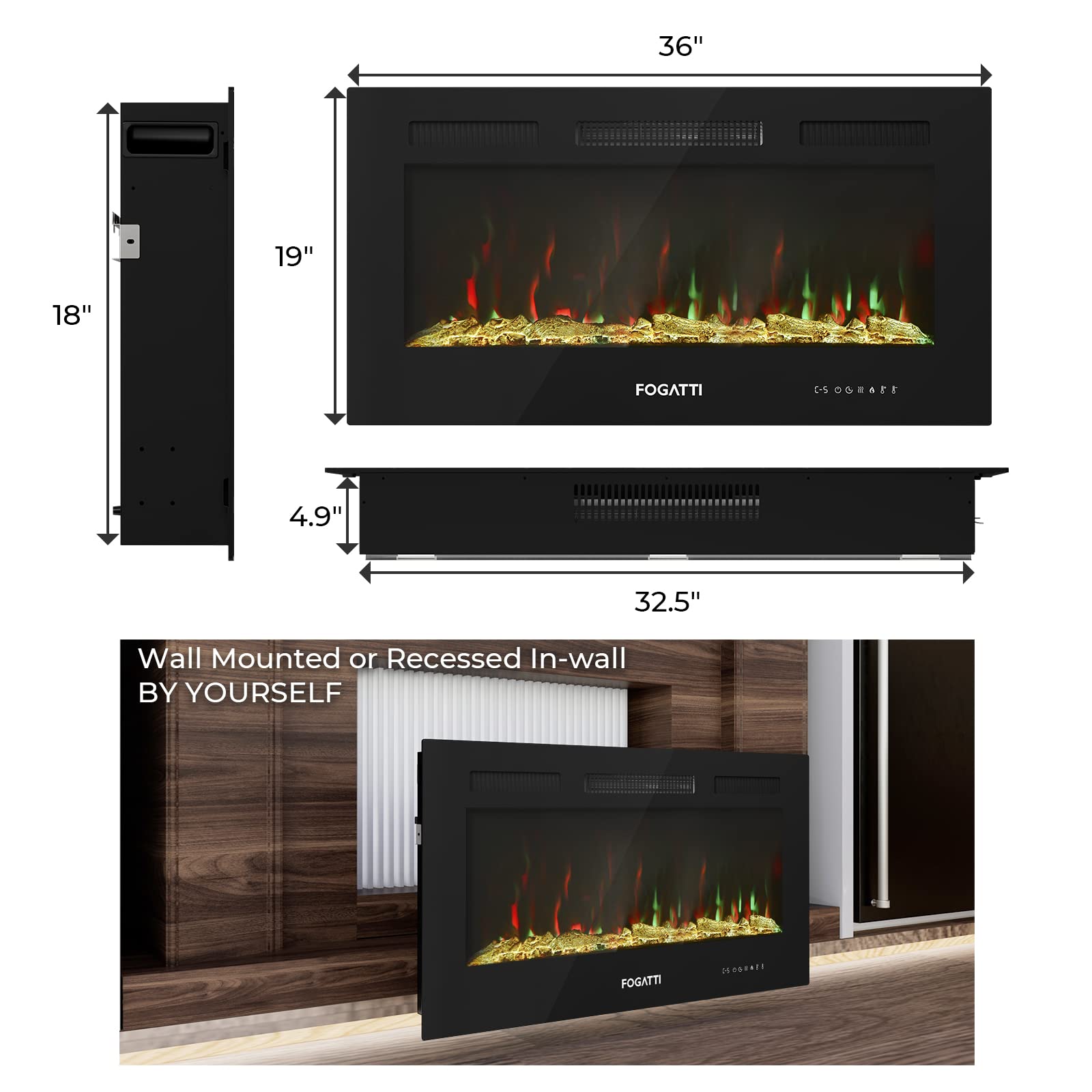 FOGATTI 36 Inch Electric Fireplace - Wall Mounted & Recessed RV Fireplace Heater with Remote Control, Timer, Realistic 7-Color Flame (Crystals/Driftwood Options) - Perfect for Living Rooms, Bedrooms & Campers